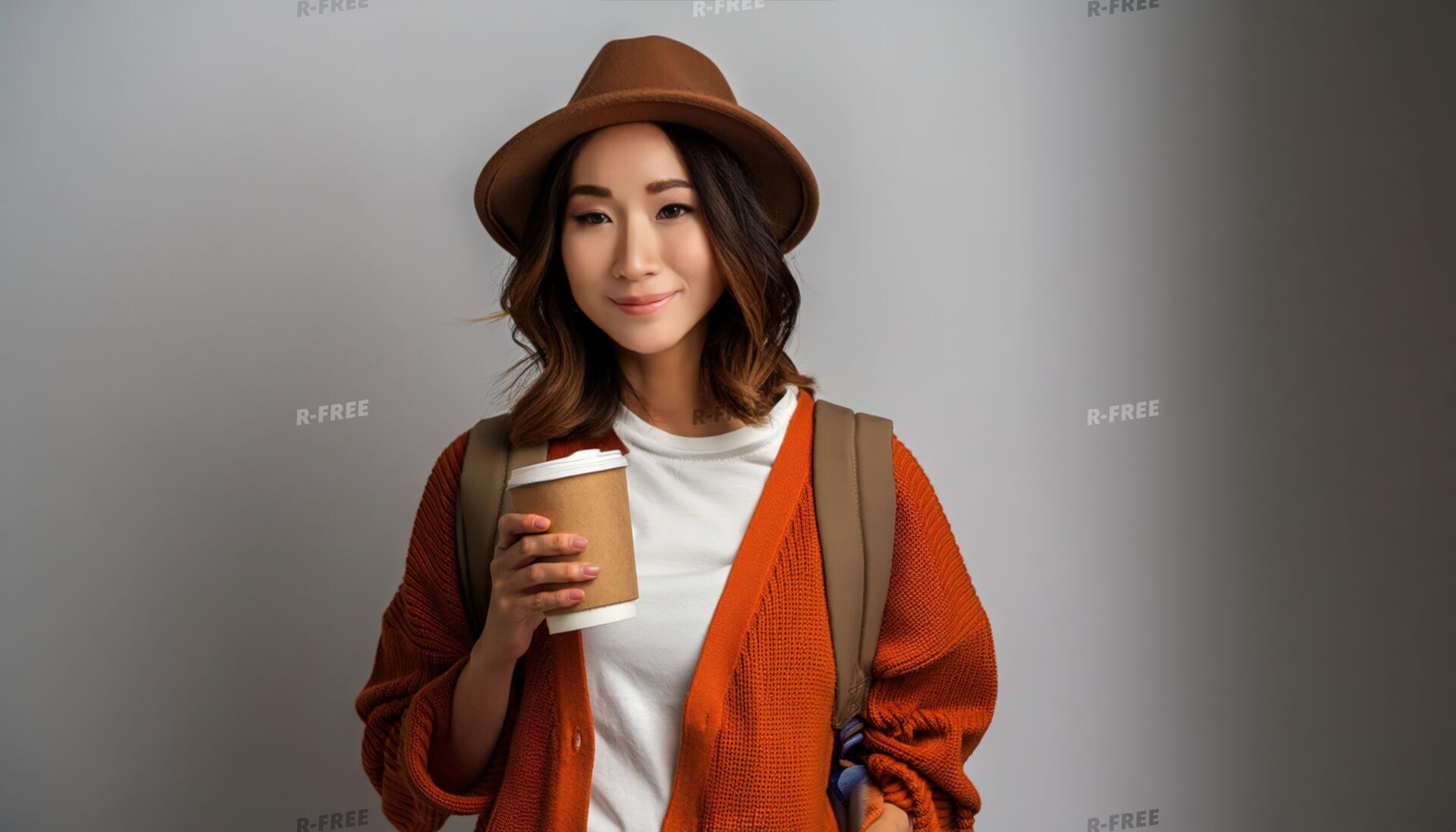 帽子をかぶり紙カップを持つ若い女性
