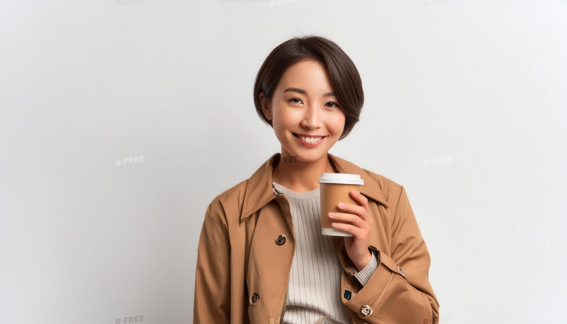 白背景で紙カップを持つショートヘアの若い女性
