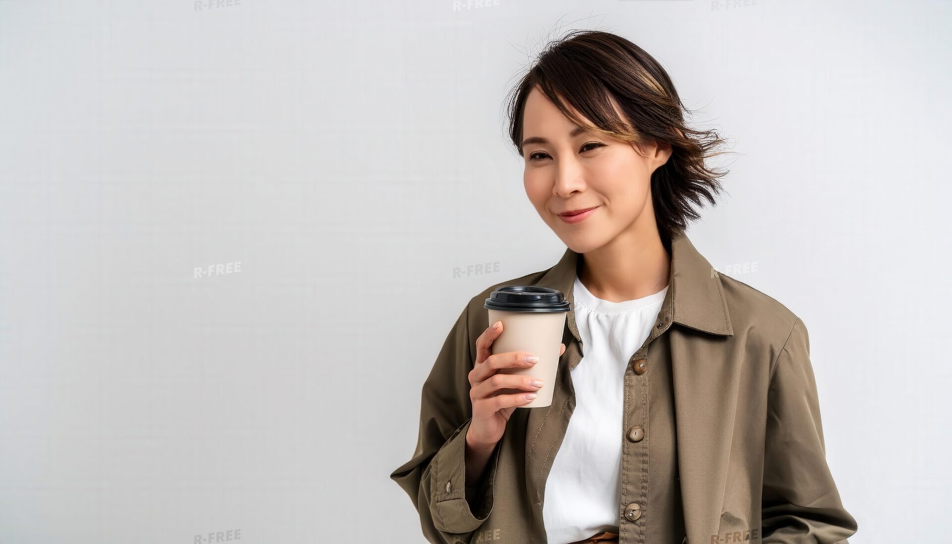 白背景で紙カップを手にする若い女性