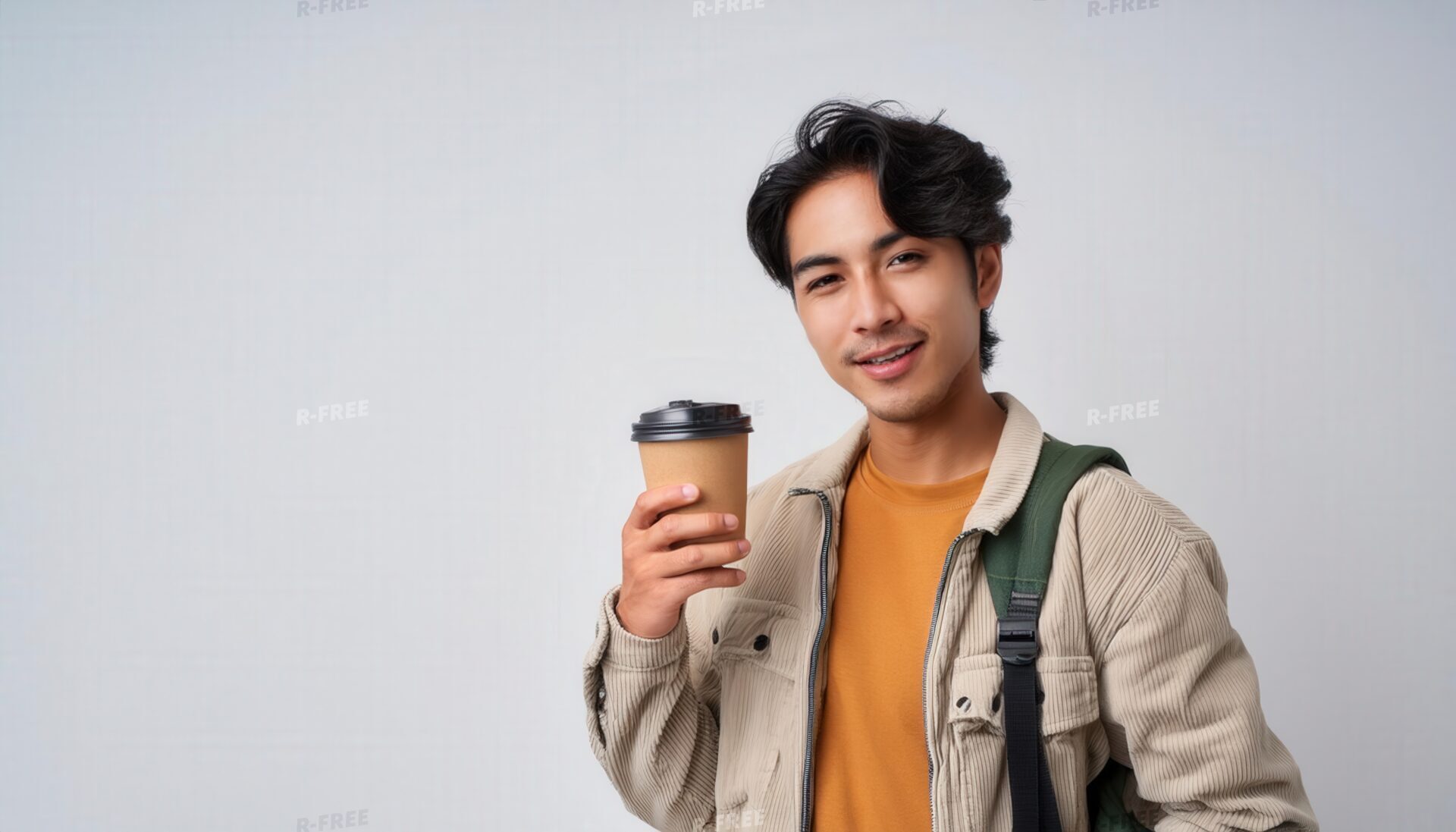 白背景で紙カップを持つ若い男性（カジュアルコーデ）