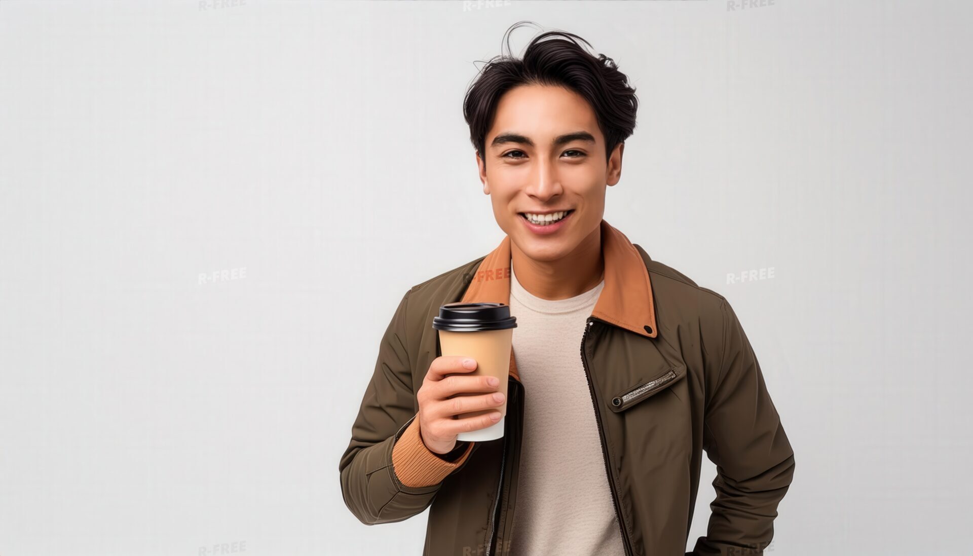 白背景で紙カップを持つ若い男性（アウターコーデ）
