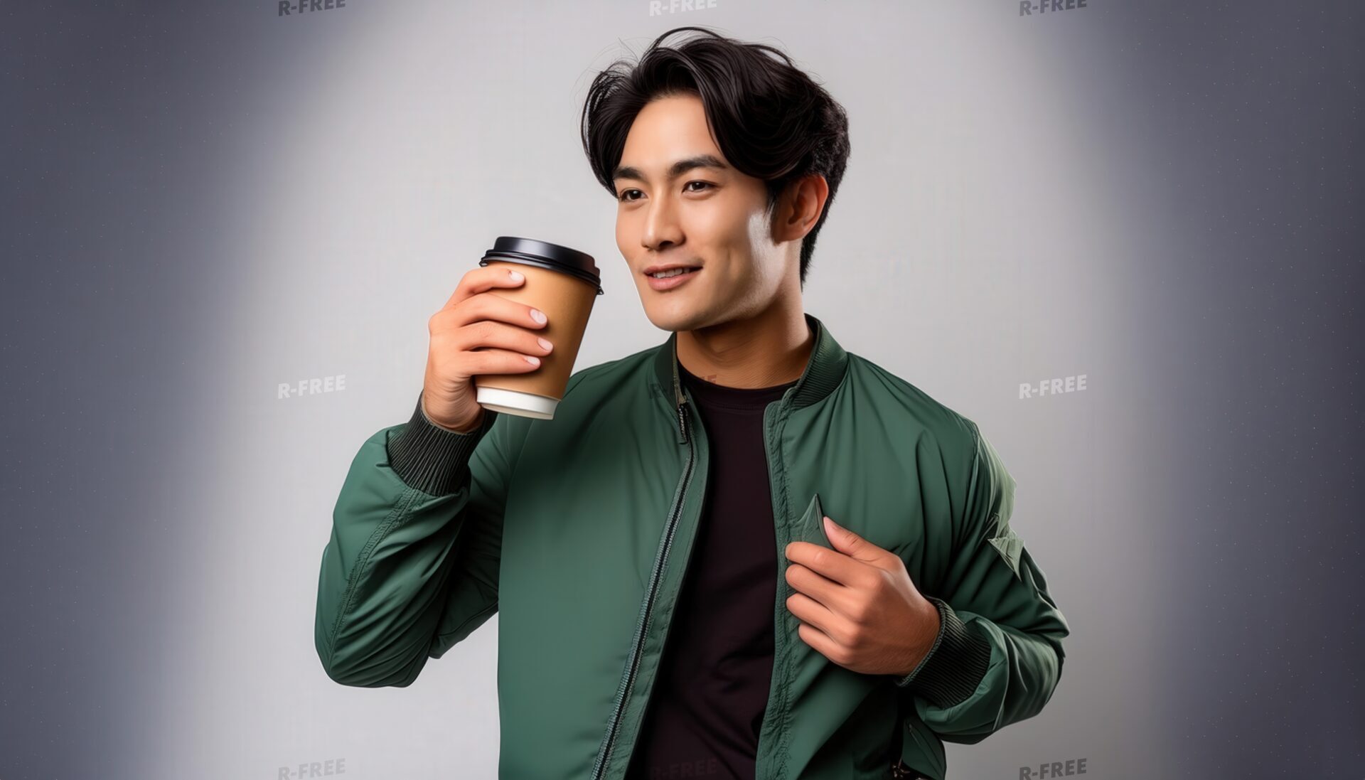 スタジオで紙カップを手にした若い男性（グリーンジャケット）