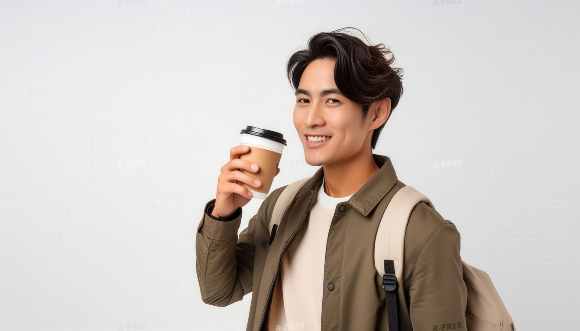 バックパックを背負い紙カップを手にした若い男性