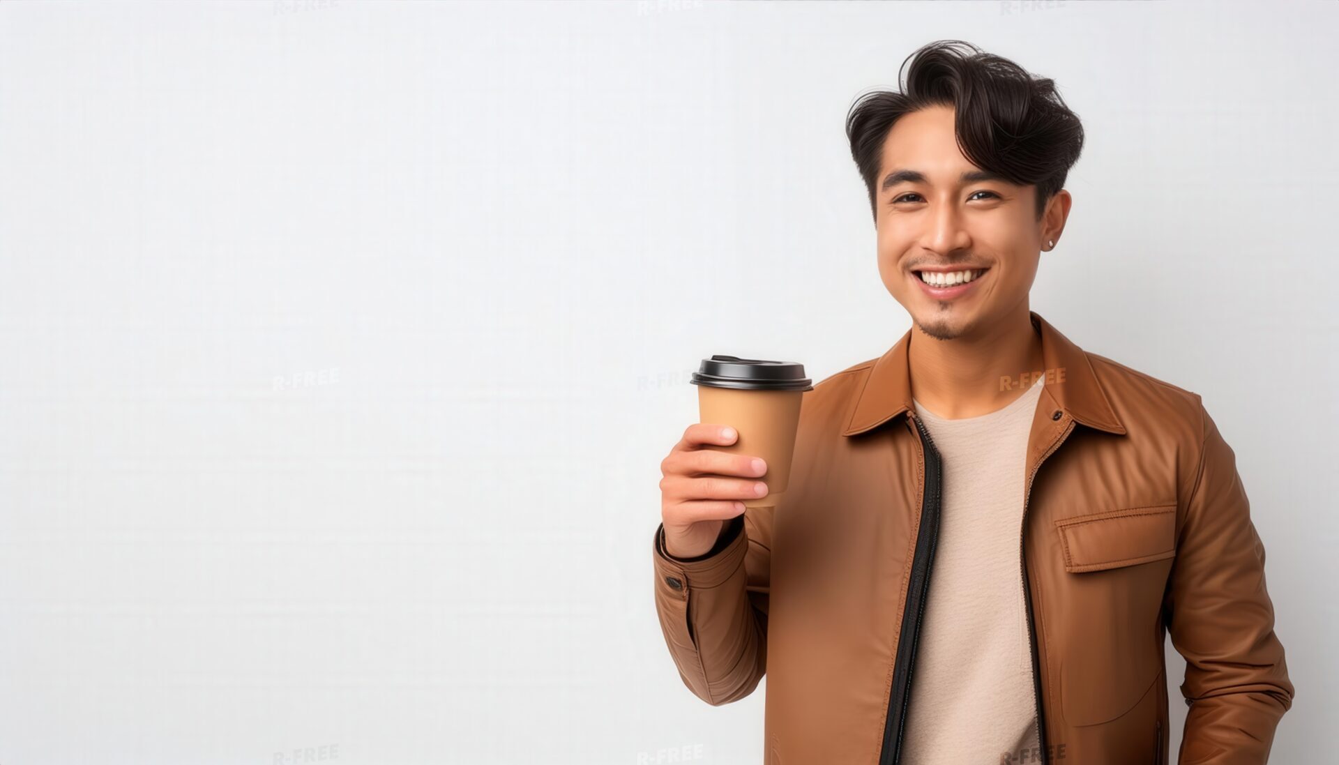 白背景で紙カップを持つ若い男性（ブラウンジャケット）