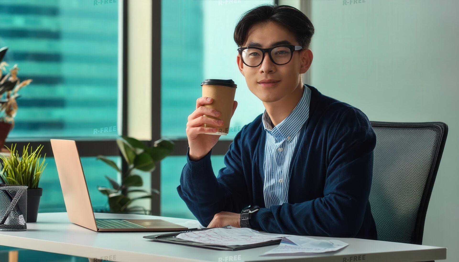 窓際で紙カップを手にする若い男性