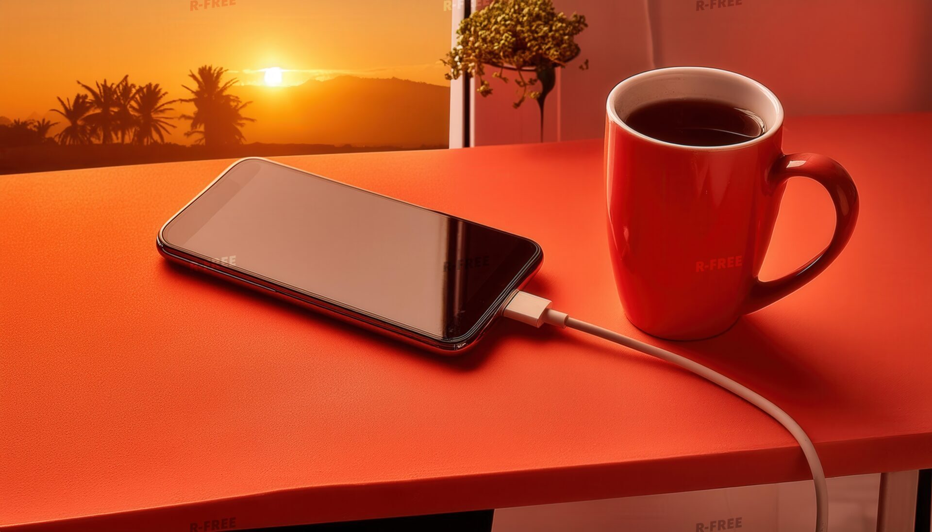 夕焼けを背景に充電中のスマホ