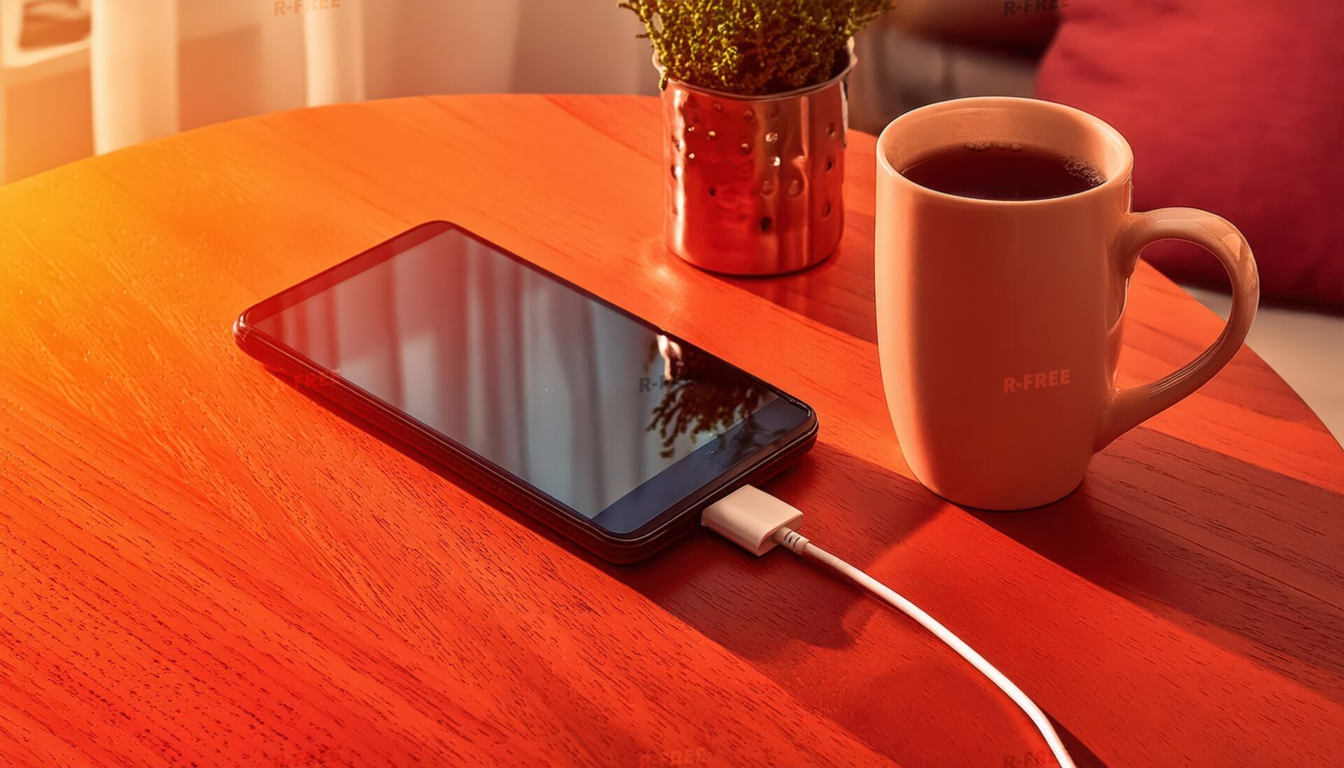 コーヒーカップとともにテーブルで充電中のスマホ