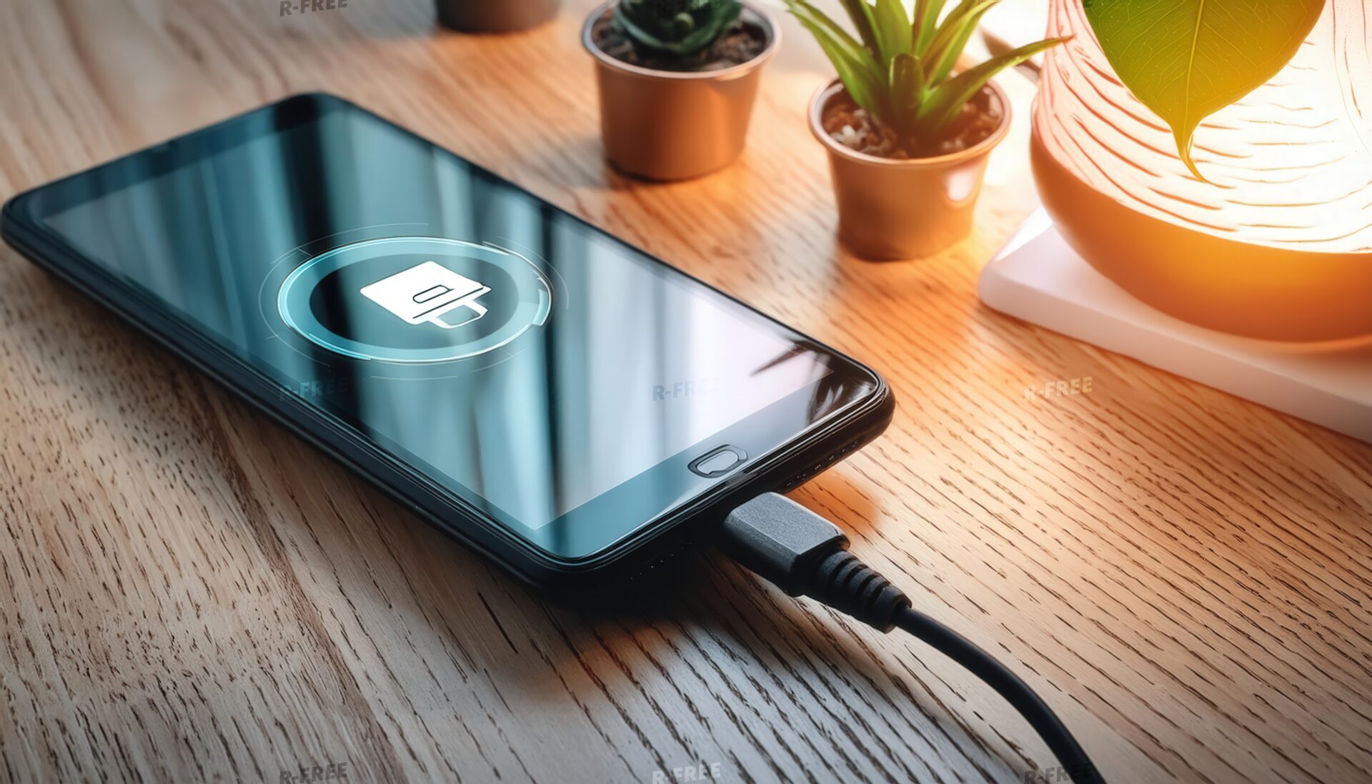 観葉植物のそばで充電中のスマートフォン