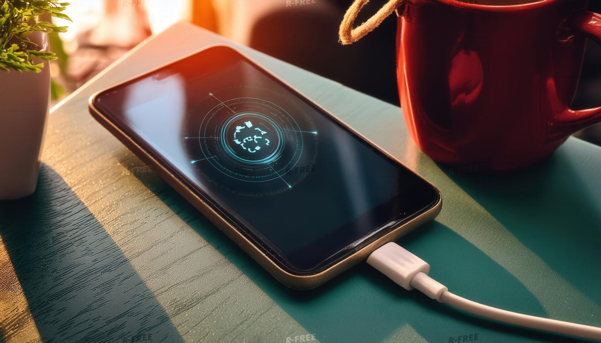 赤いマグカップと一緒に充電中のスマートフォン