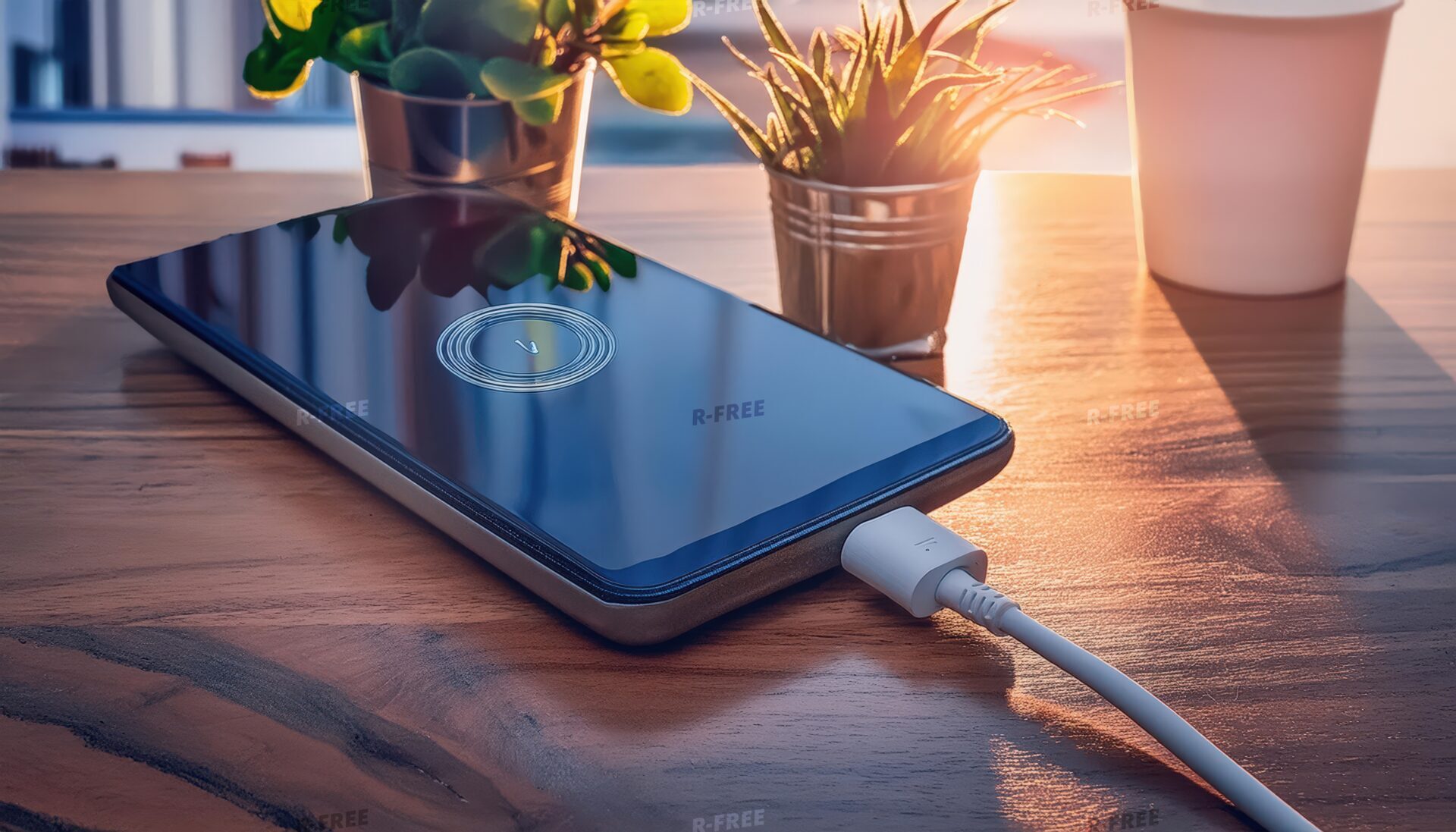 多肉植物と並べて充電中のスマートフォン