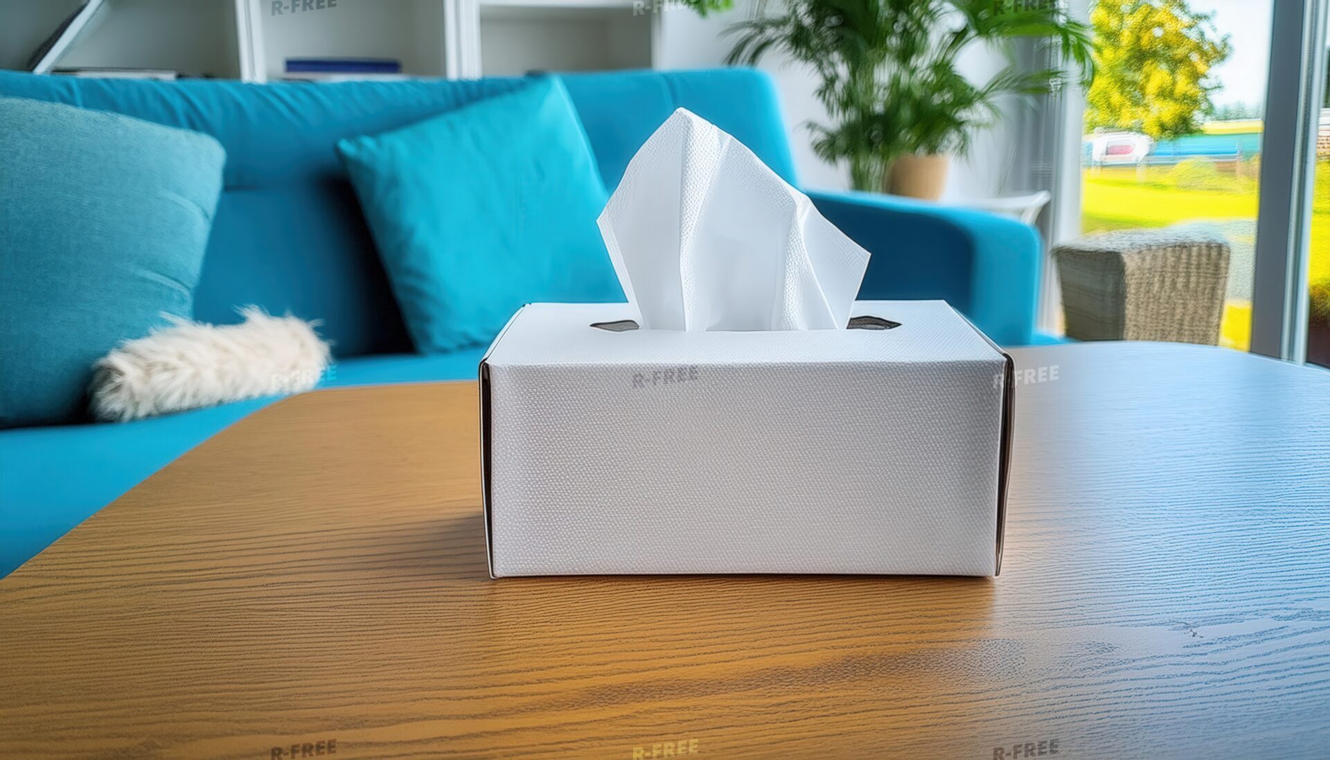 木製テーブル中央に置かれた白いティッシュボックスと明るいリビング