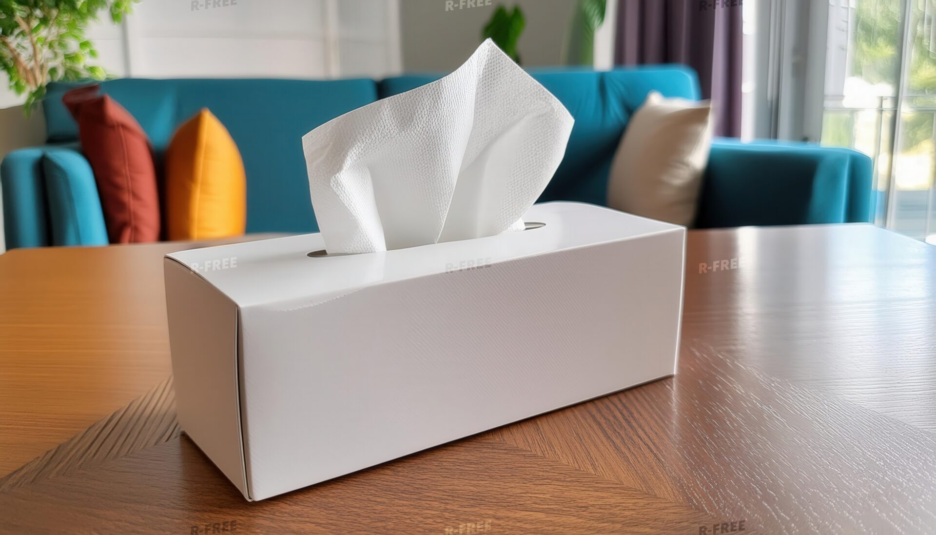 青いソファとカラフルなクッションを背景にした白いティッシュボックス