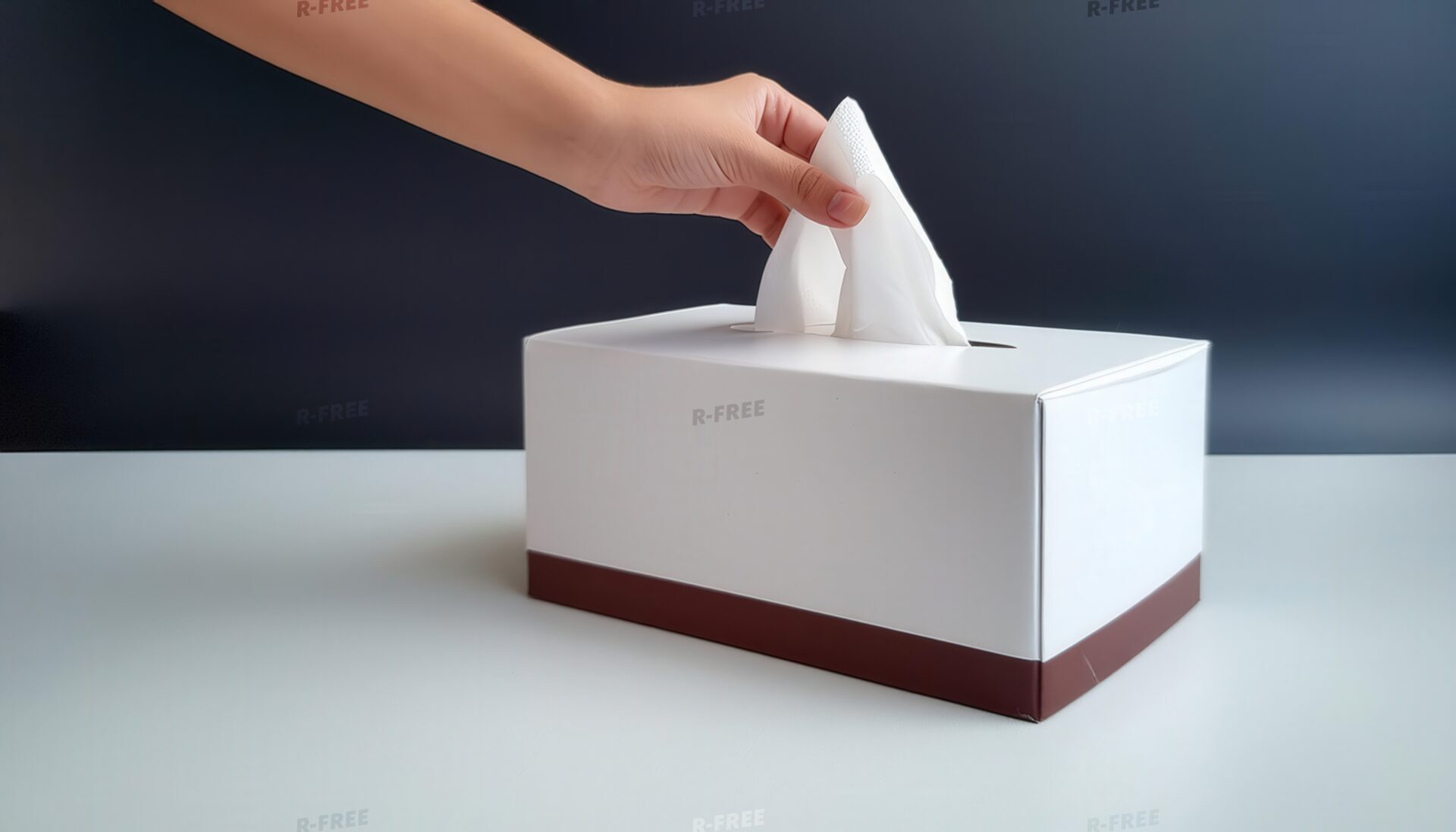下部に茶色の縁取りがある白いティッシュボックスからティッシュを取り出す手