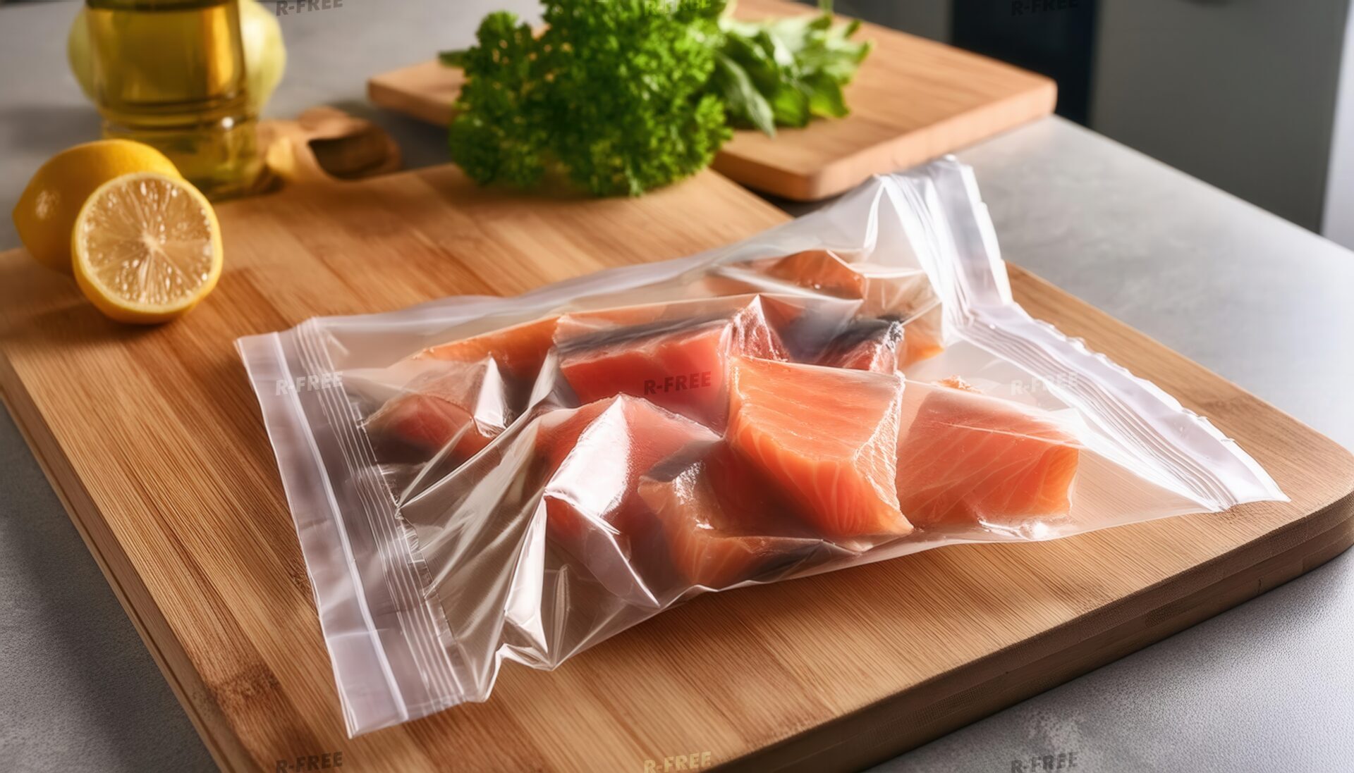 レモンとパセリが添えられた鮭入りジッパーバッグ