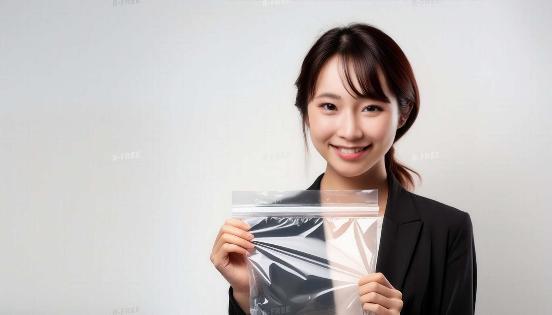 クリアな保存袋を手に持つ黒いジャケットの女性