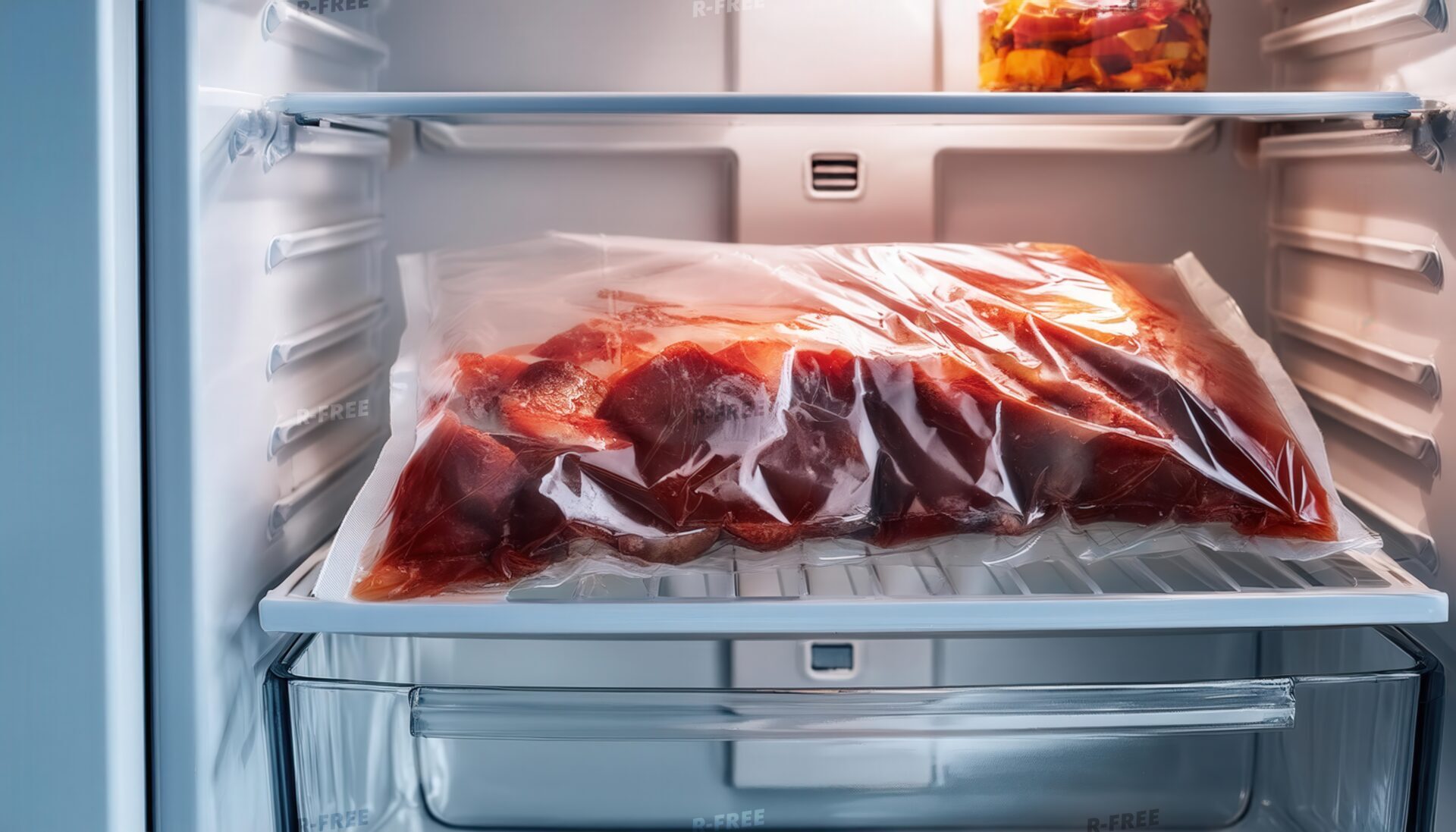 冷凍庫に入れられた肉入りジッパーバッグ