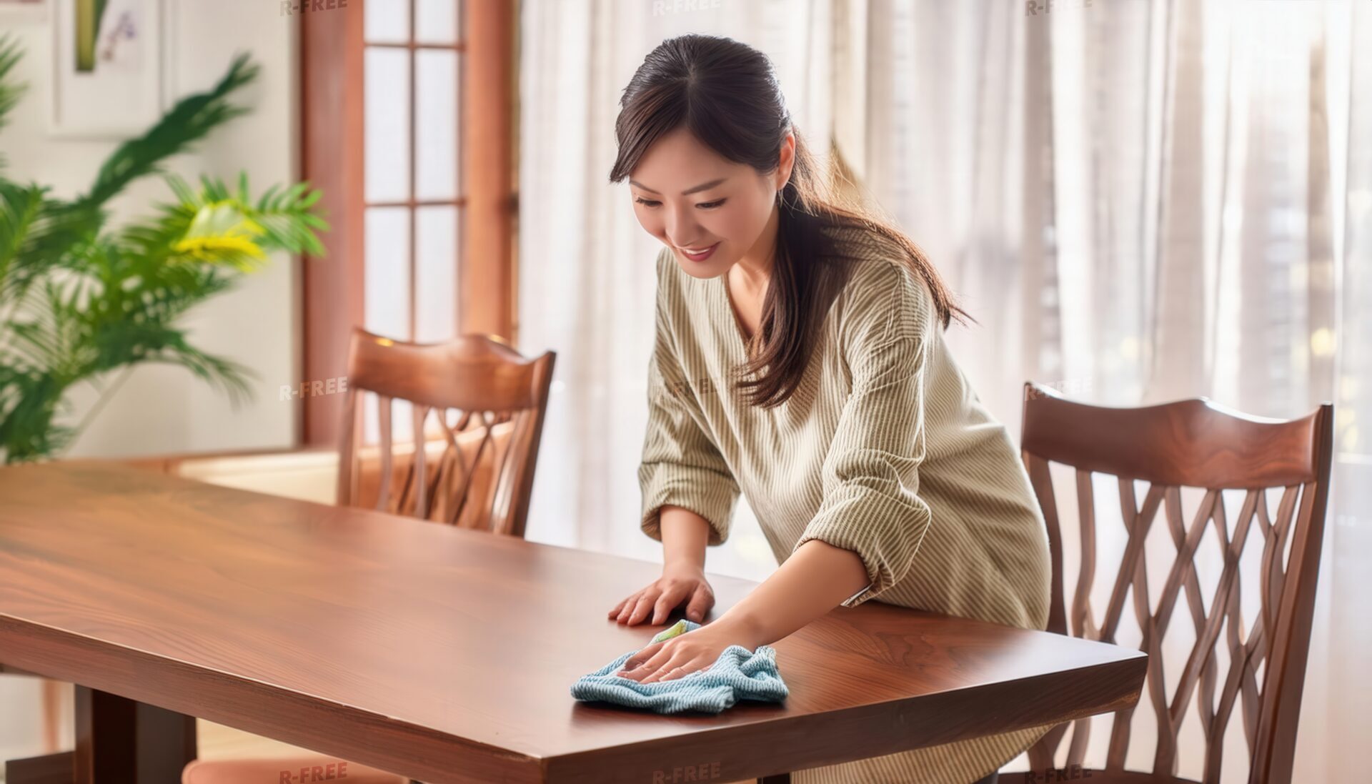 和風の窓際がある部屋でテーブルを拭く若い女性