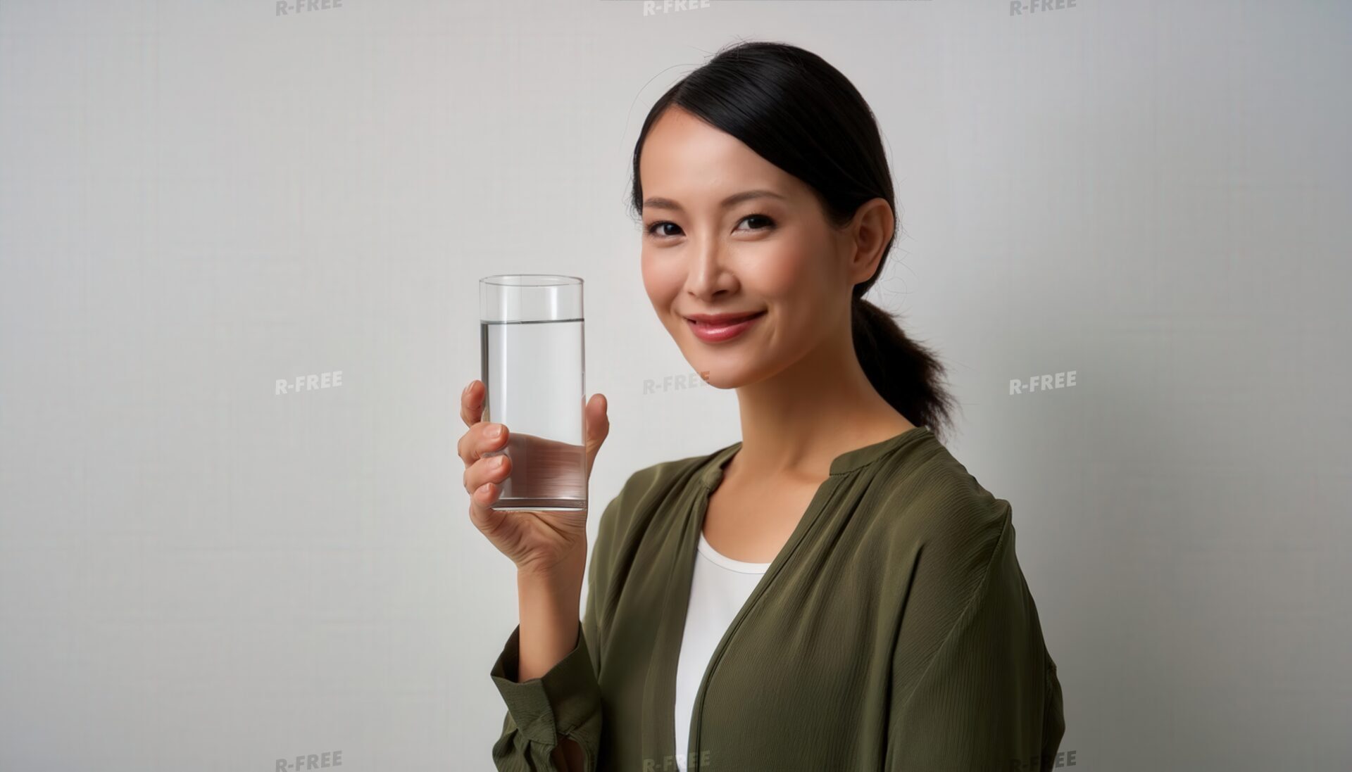 穏やかな表情でグラスの水を手に持つ20代女性