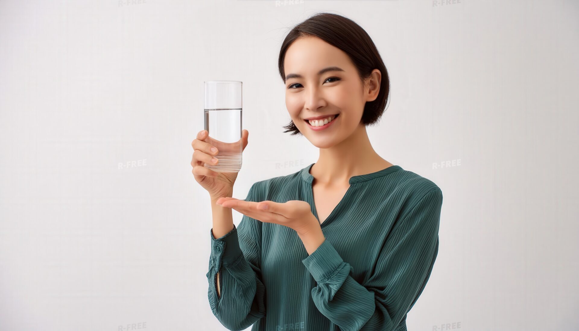 グラスの水を手に持ち示す人