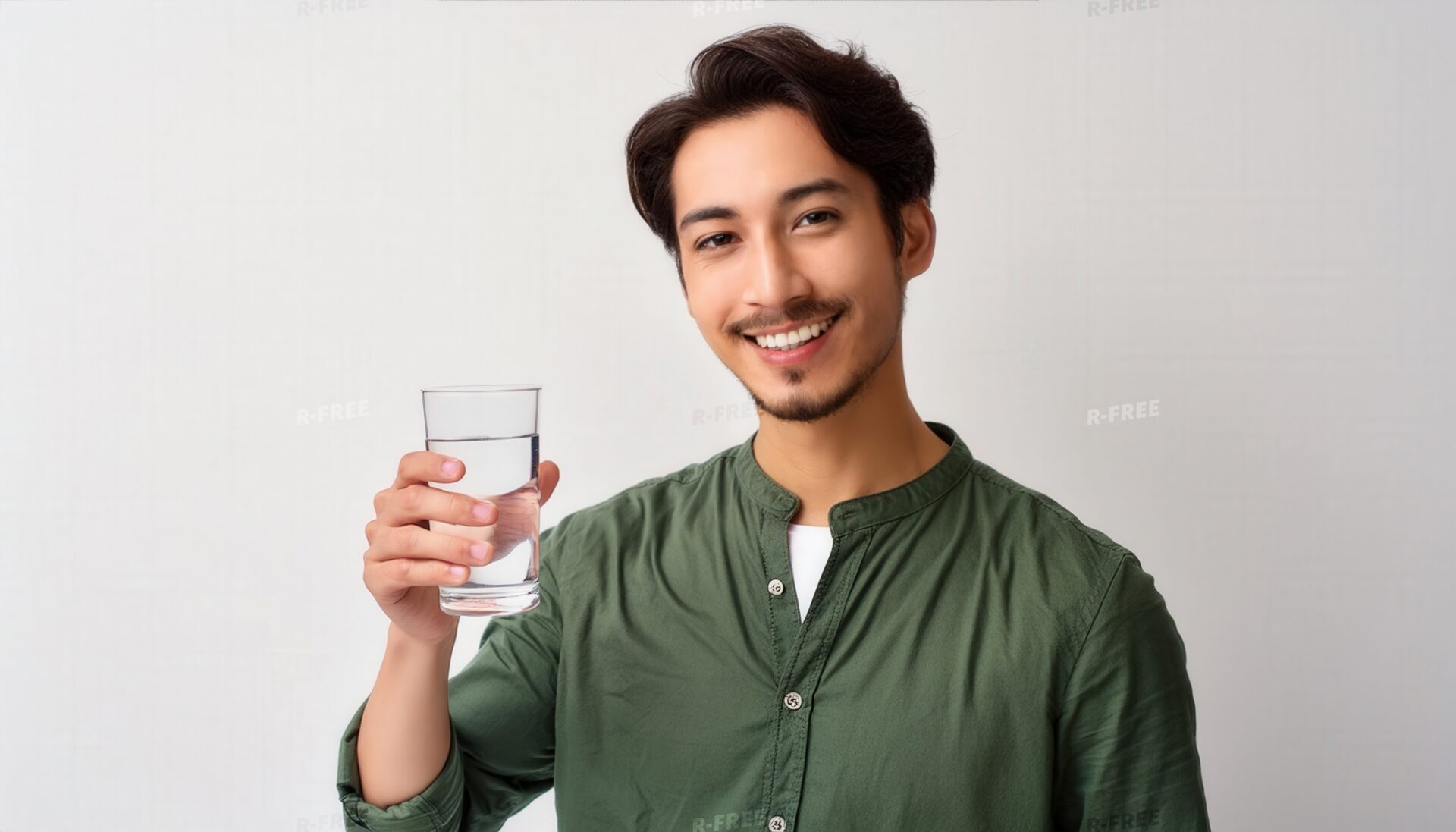 グラスの水を手に持ちリラックスした表情の人