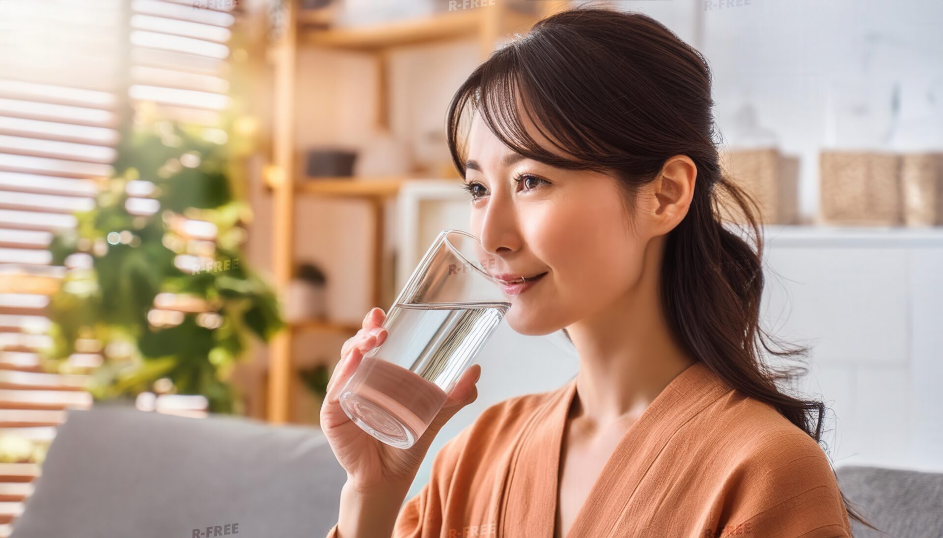 ソファでグラスの水を飲む人