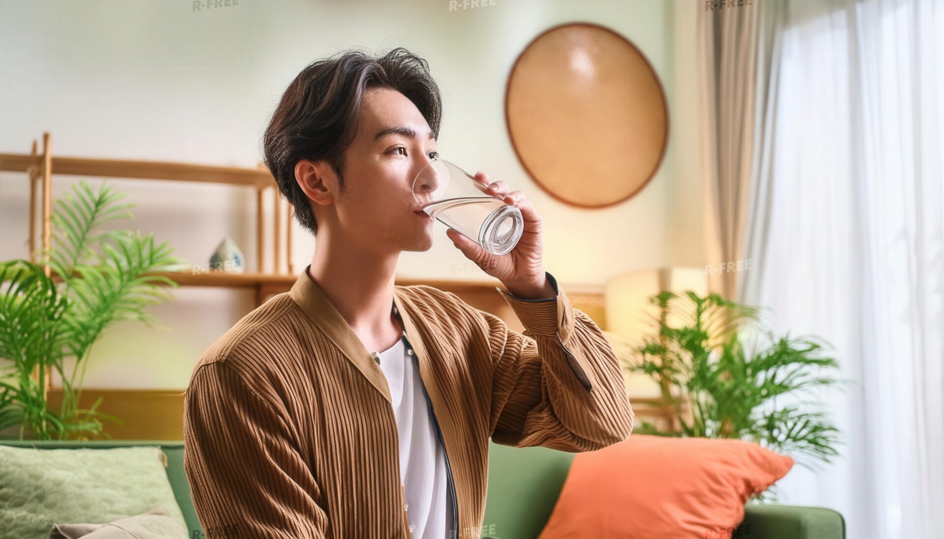 部屋でグラスの水を飲む人（男性）※