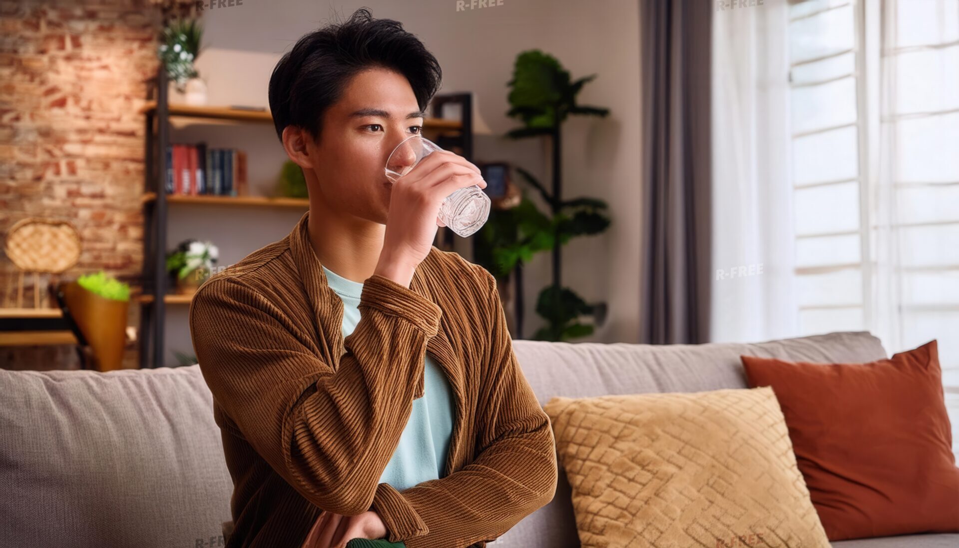 ブラウンジャケットでグラスの水を飲む人