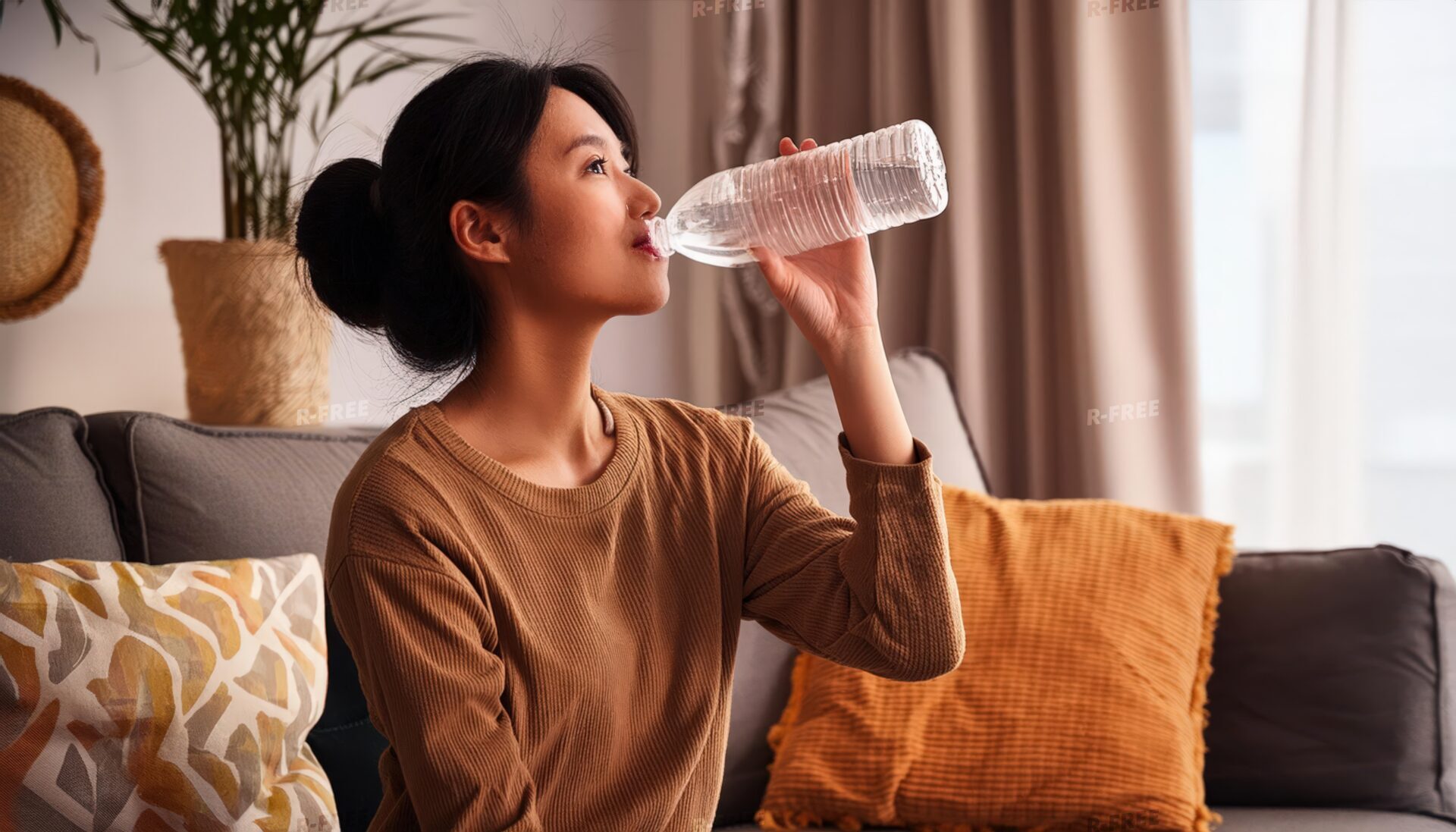 室内でペットボトルの水を飲む人