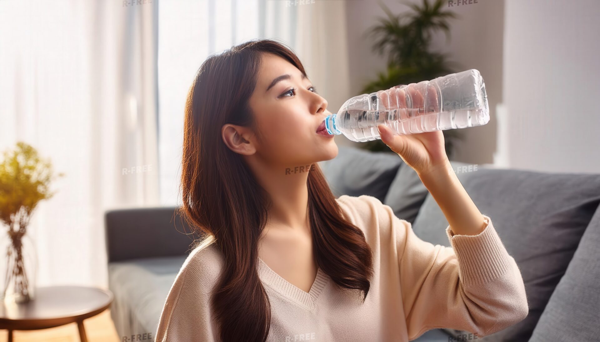 リビングでペットボトルの水を飲む人