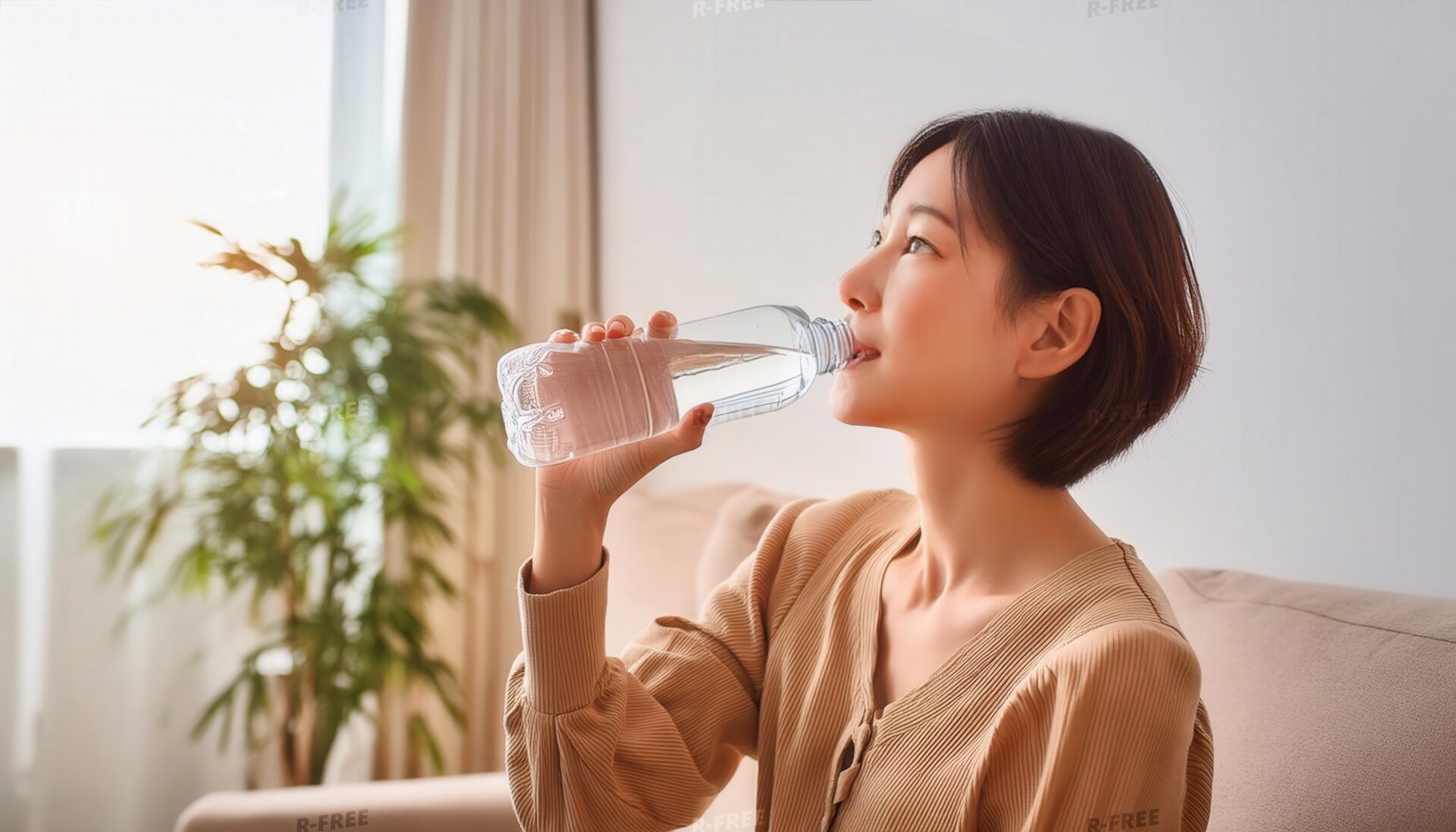 ソファでペットボトルの水を飲む人