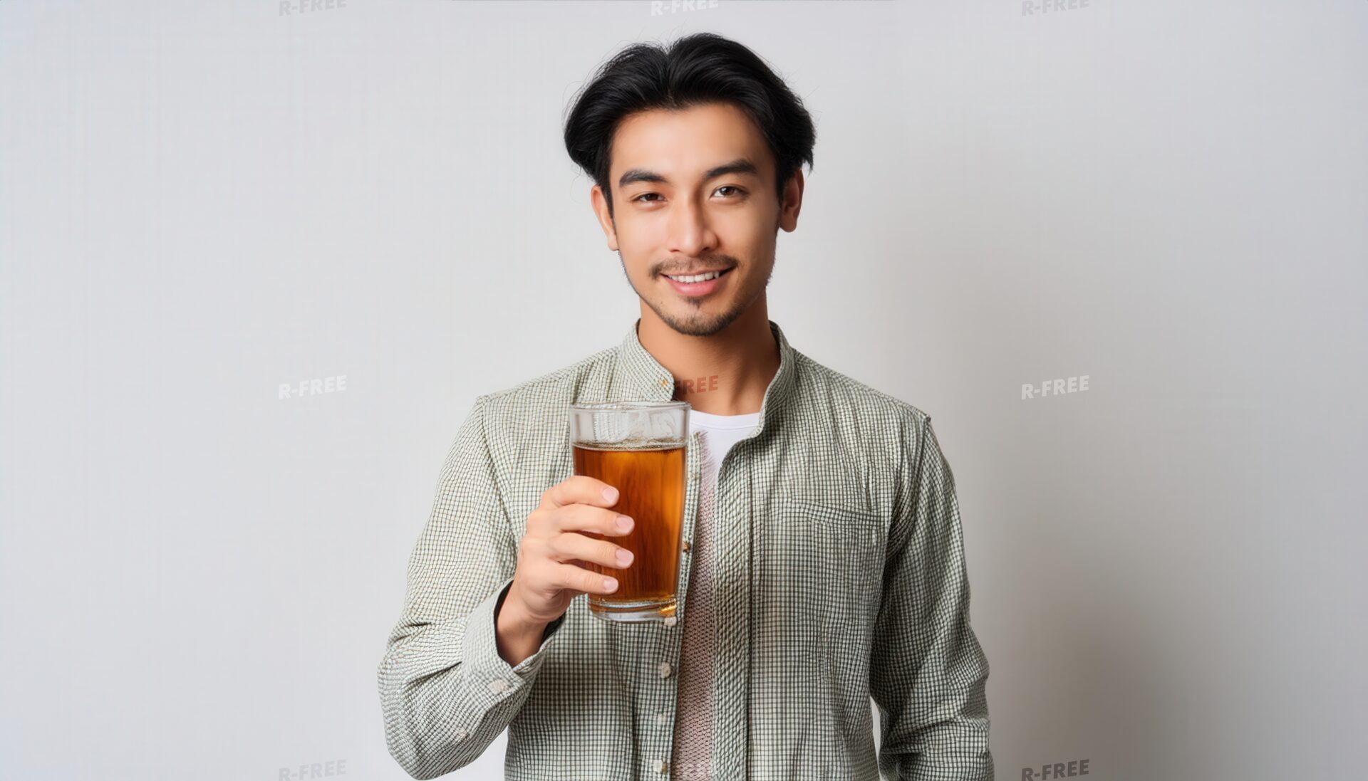 大きめのグラスに入った麦茶を持つ人