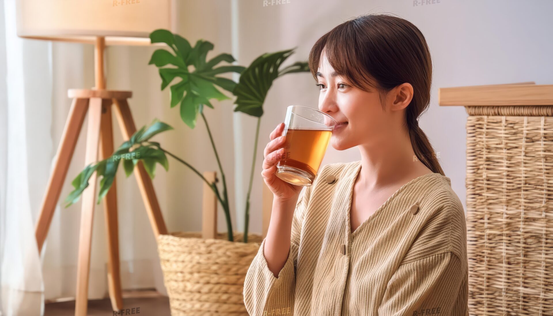 自宅風の空間でグラスの茶色い飲み物を飲む若い人