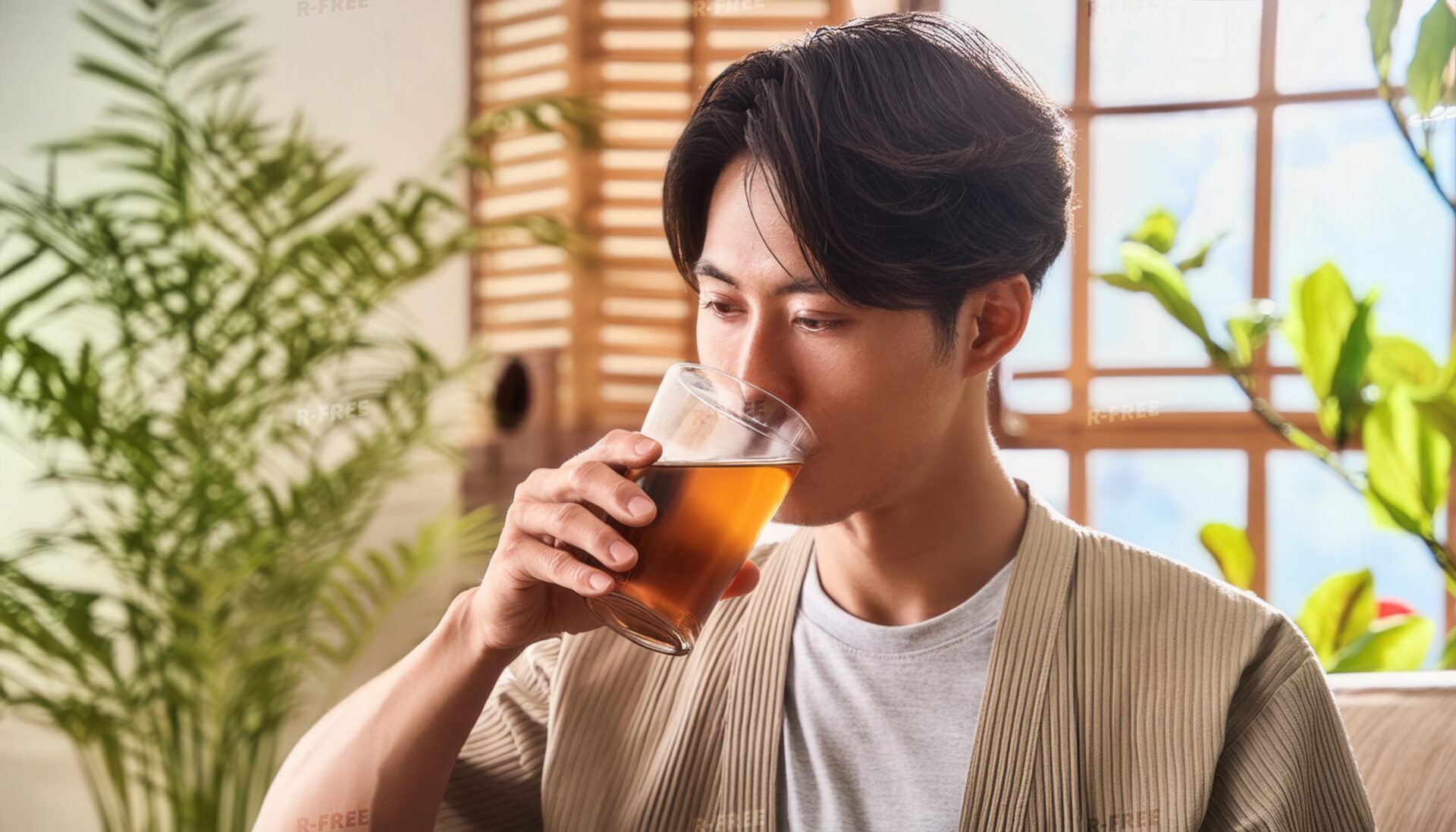 自然光の差し込む室内でお茶を飲む若い人
