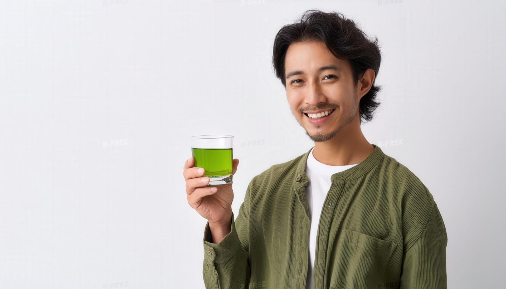 白背景で緑色の飲み物を手にする若い人