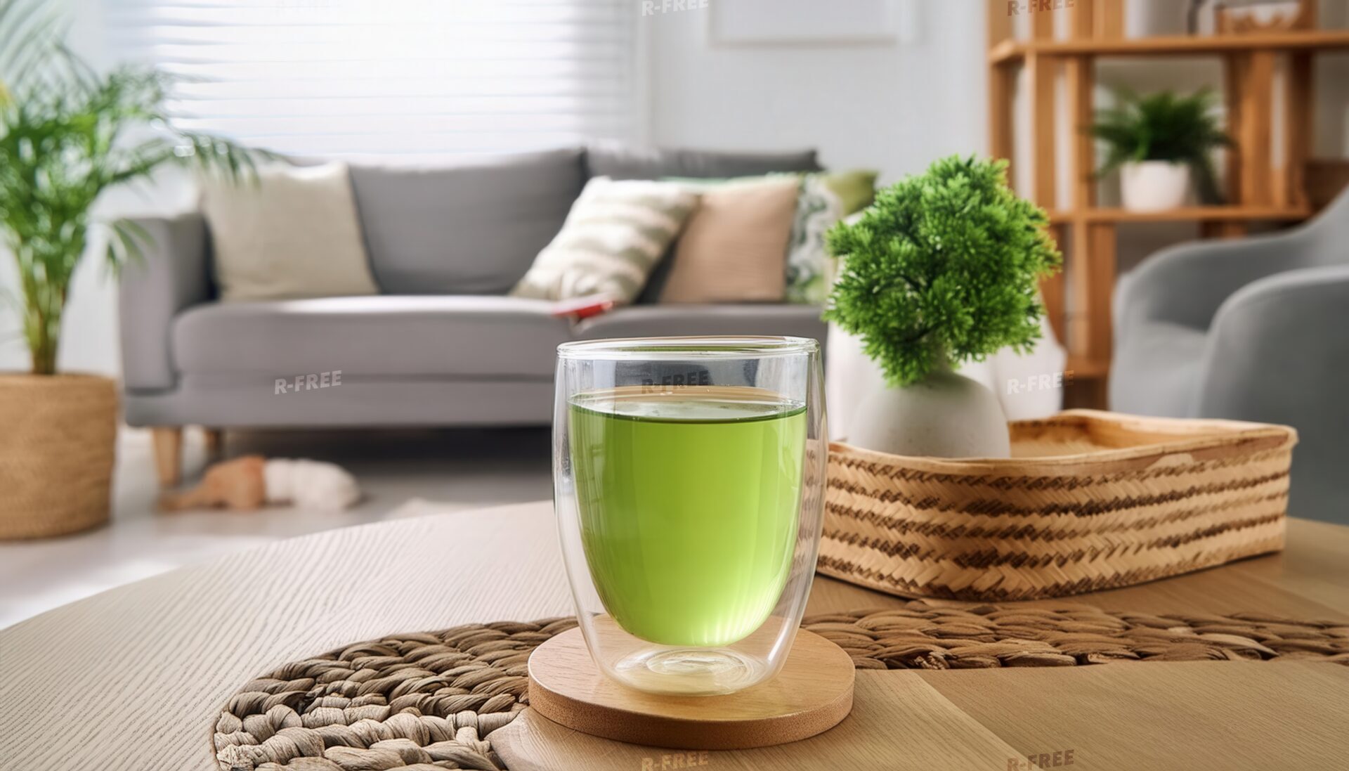 リビングのテーブルに置かれた緑色の飲み物
