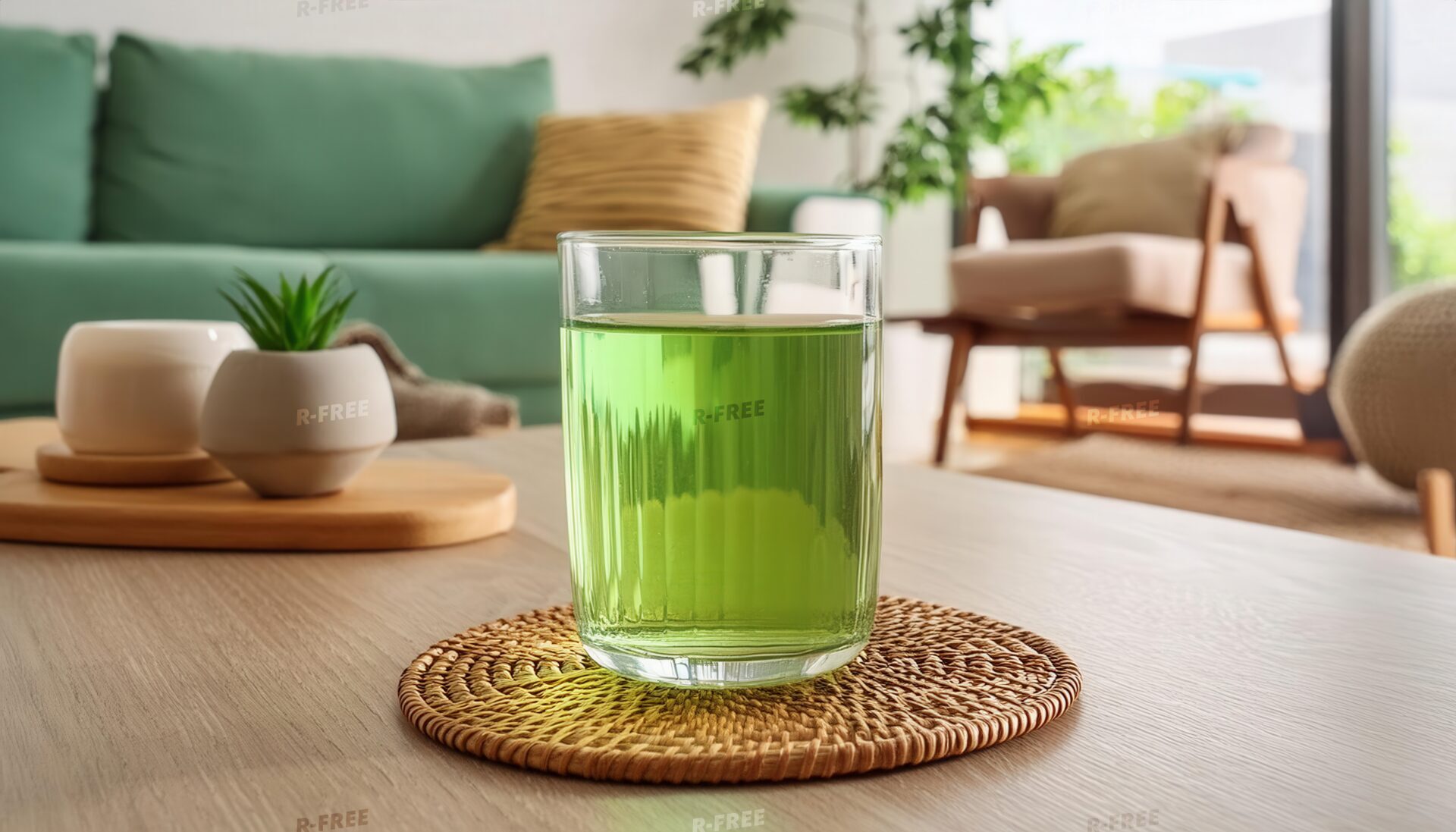 ナチュラルなリビングに置かれた緑色の飲み物