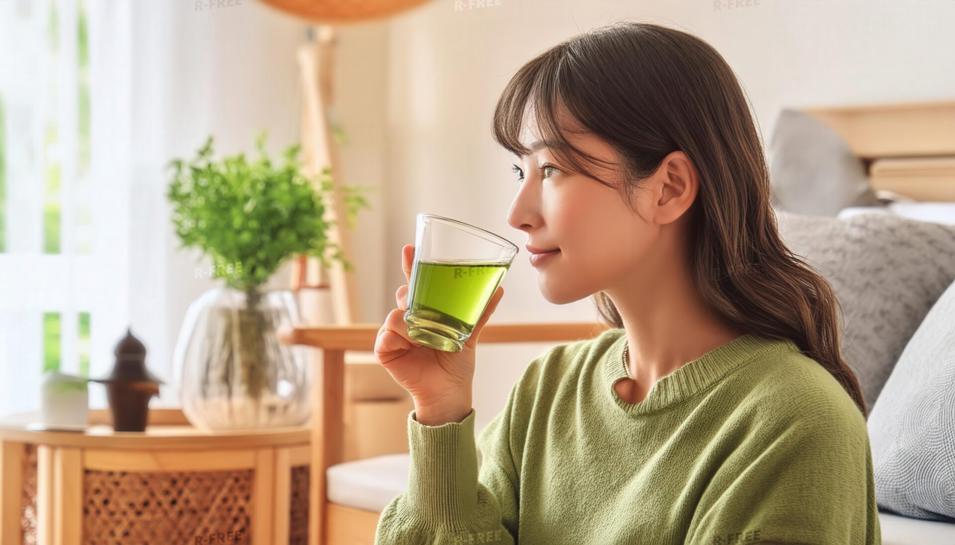 ナチュラルな室内で緑色の飲み物を飲む若い人