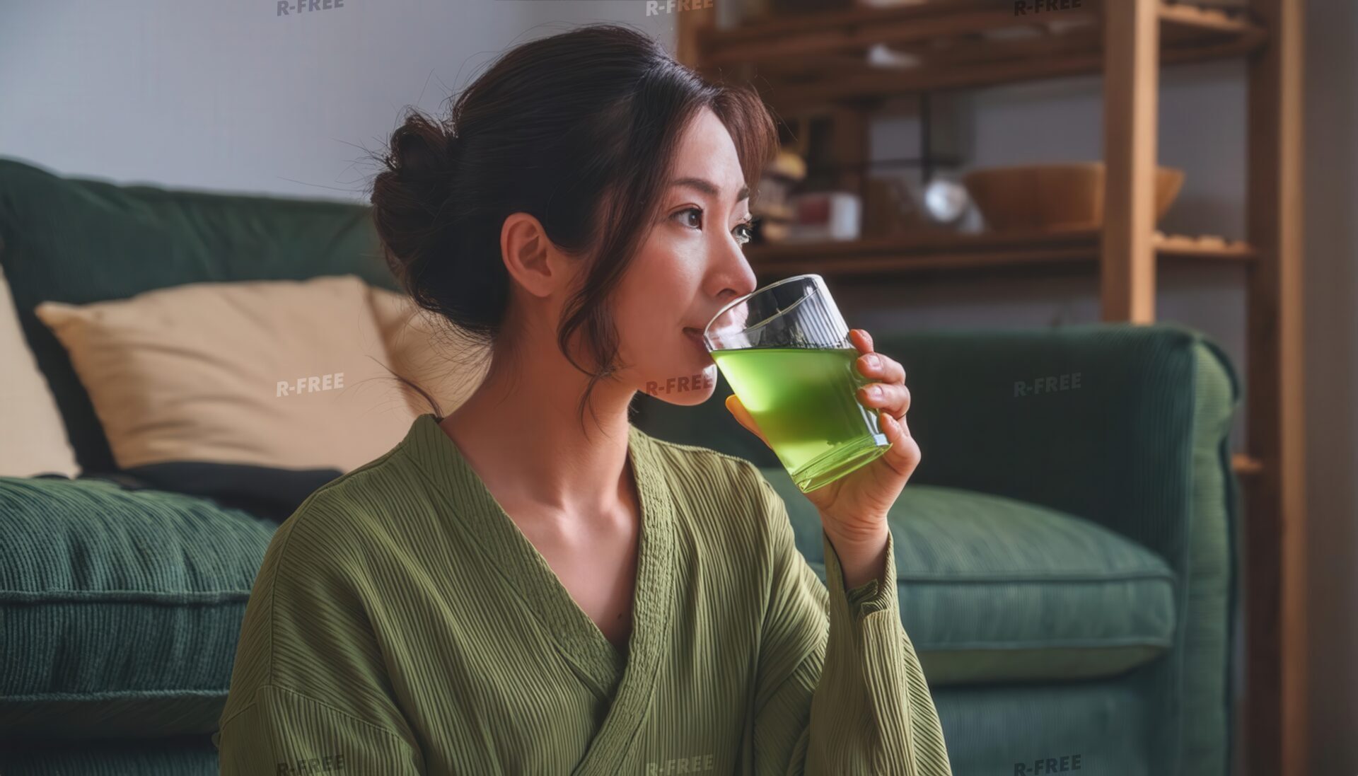 落ち着いた室内で緑色の飲み物を飲む若い人