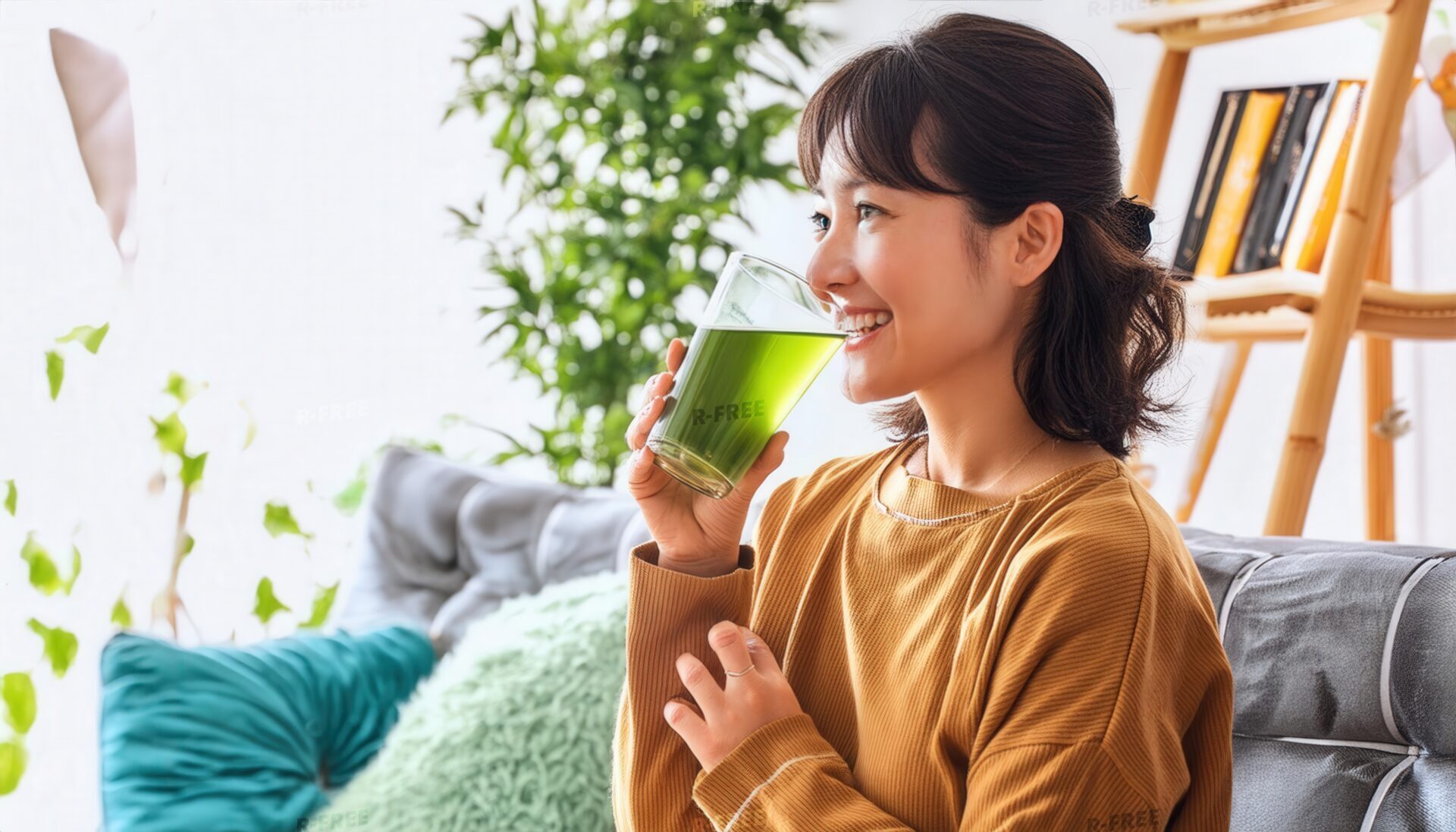明るい室内で緑色の飲み物を飲む若い人