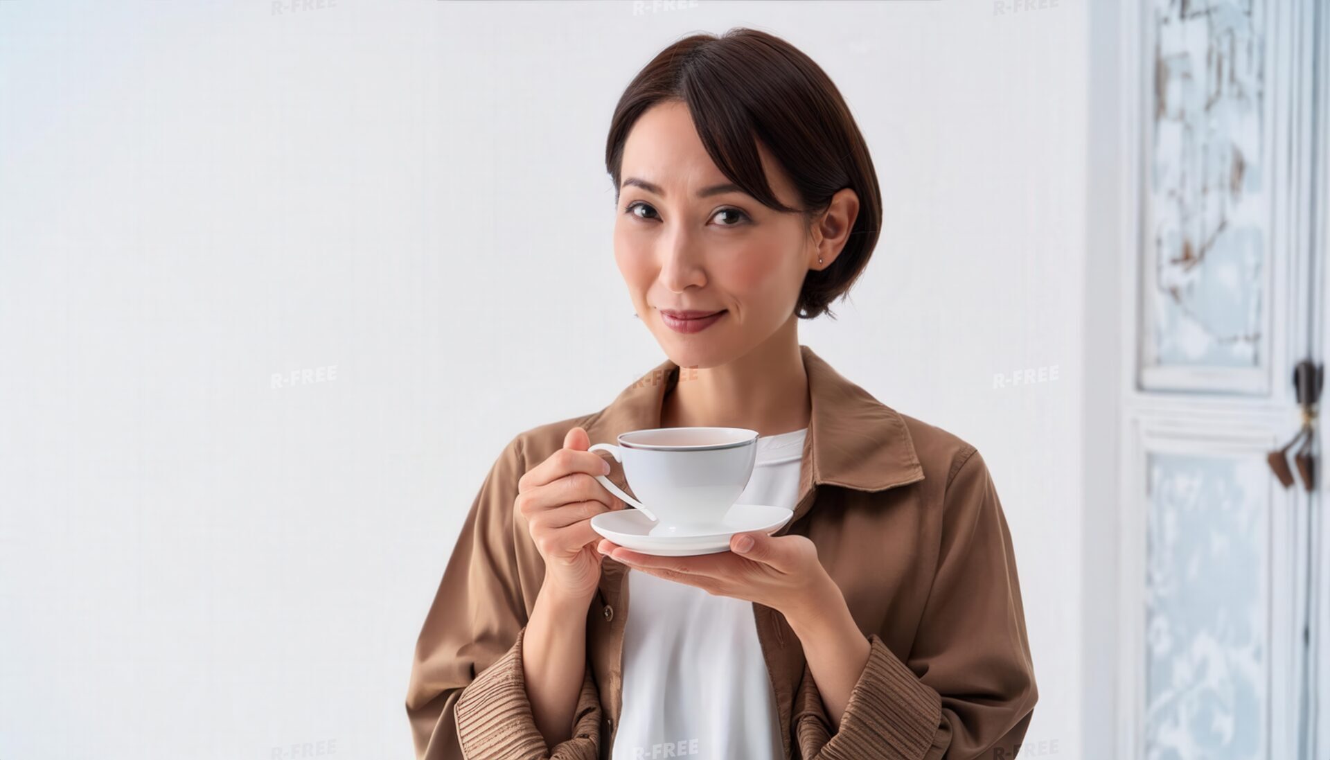 白背景でティーカップを持つ若い人
