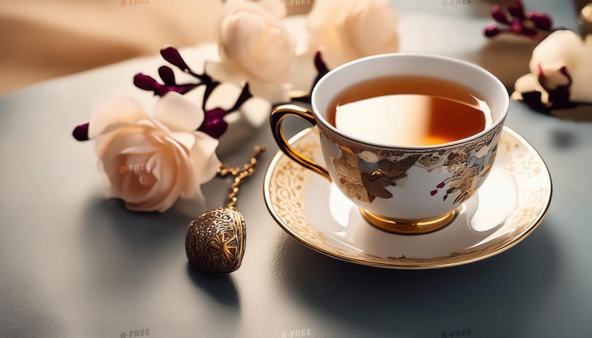 花と金色の装飾カップに注がれた茶色い飲み物