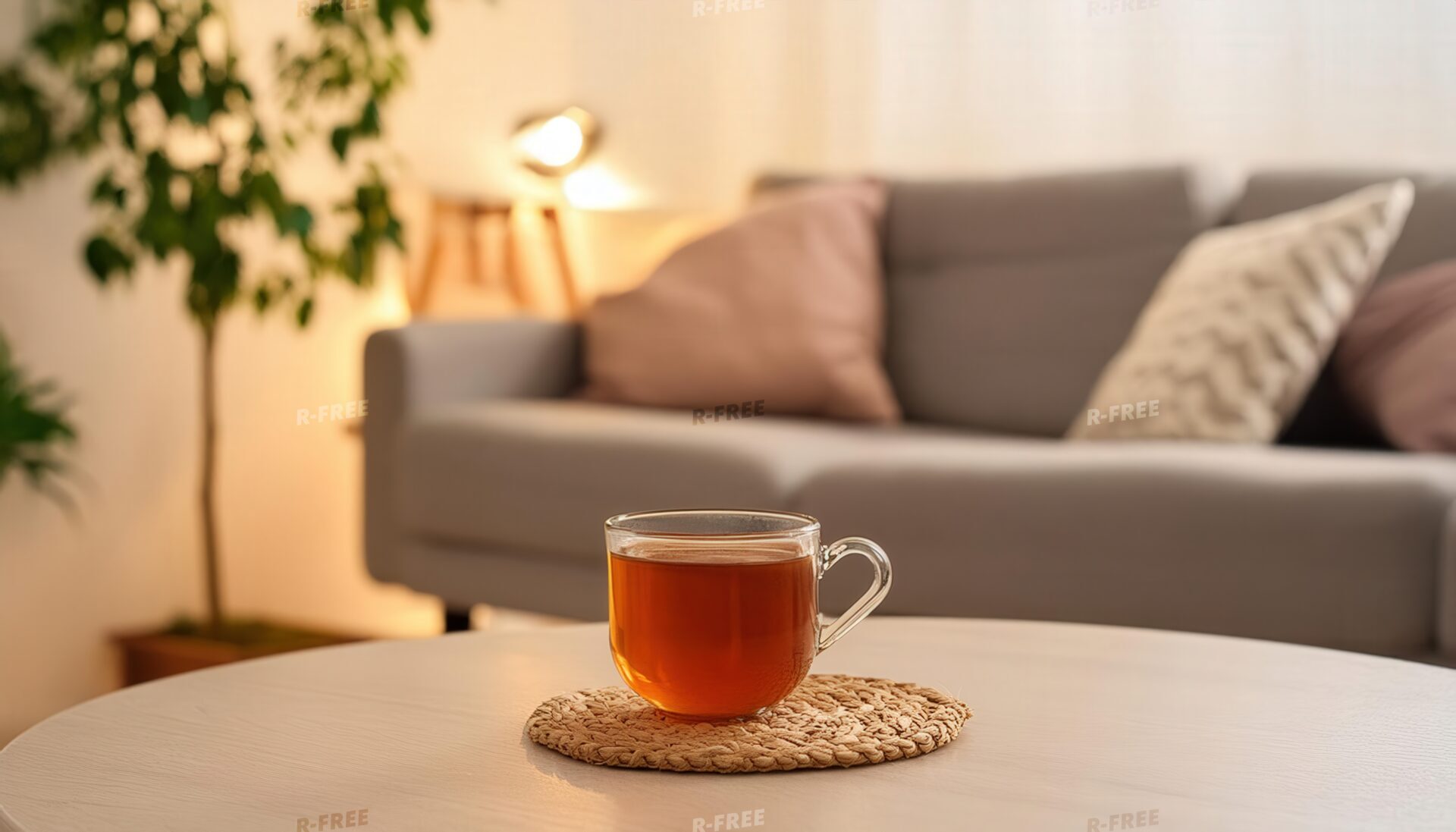 柔らかな照明のリビングに置かれた茶色い飲み物