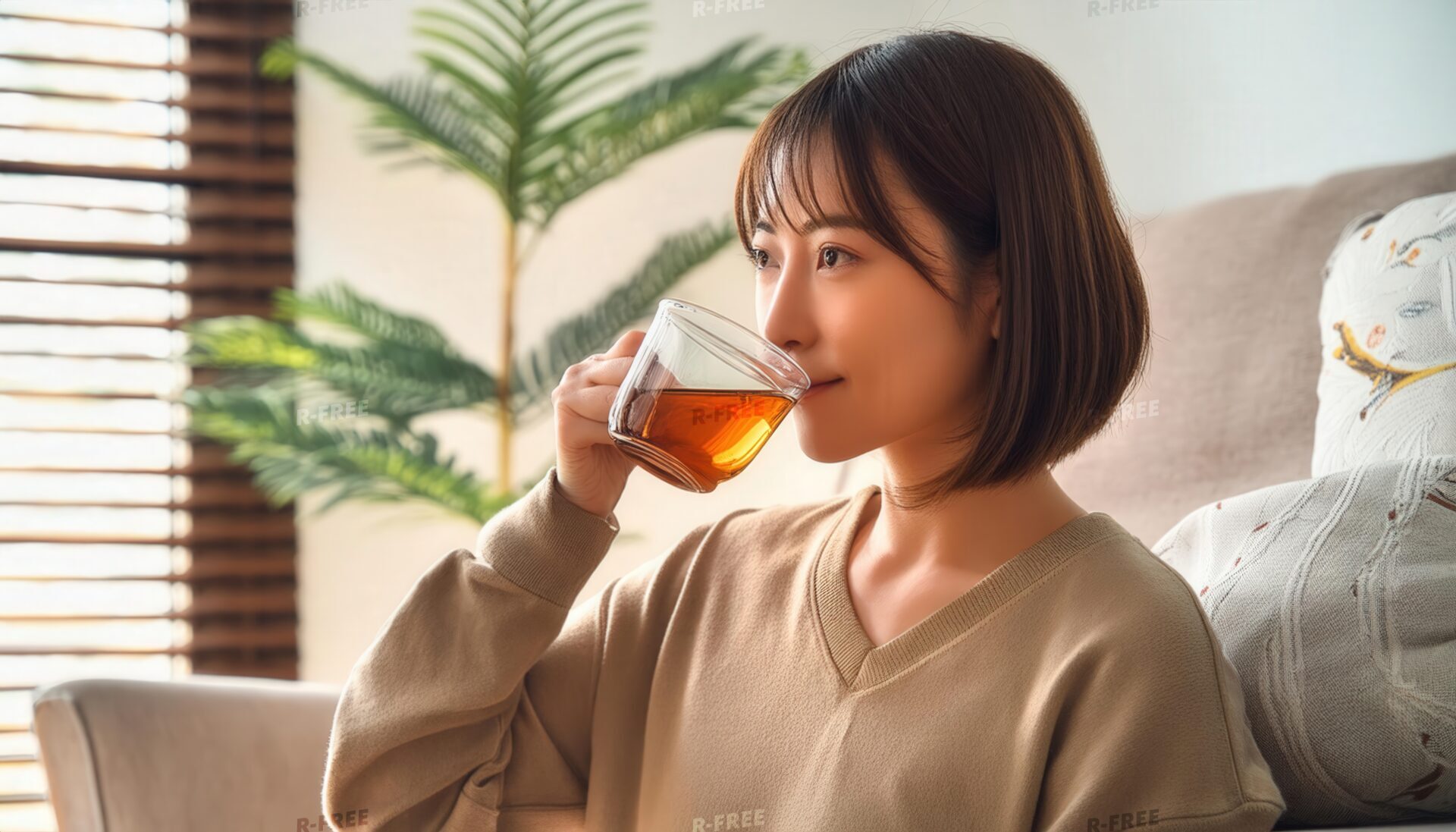自然光の差し込む室内で茶色い飲み物を飲む若い人