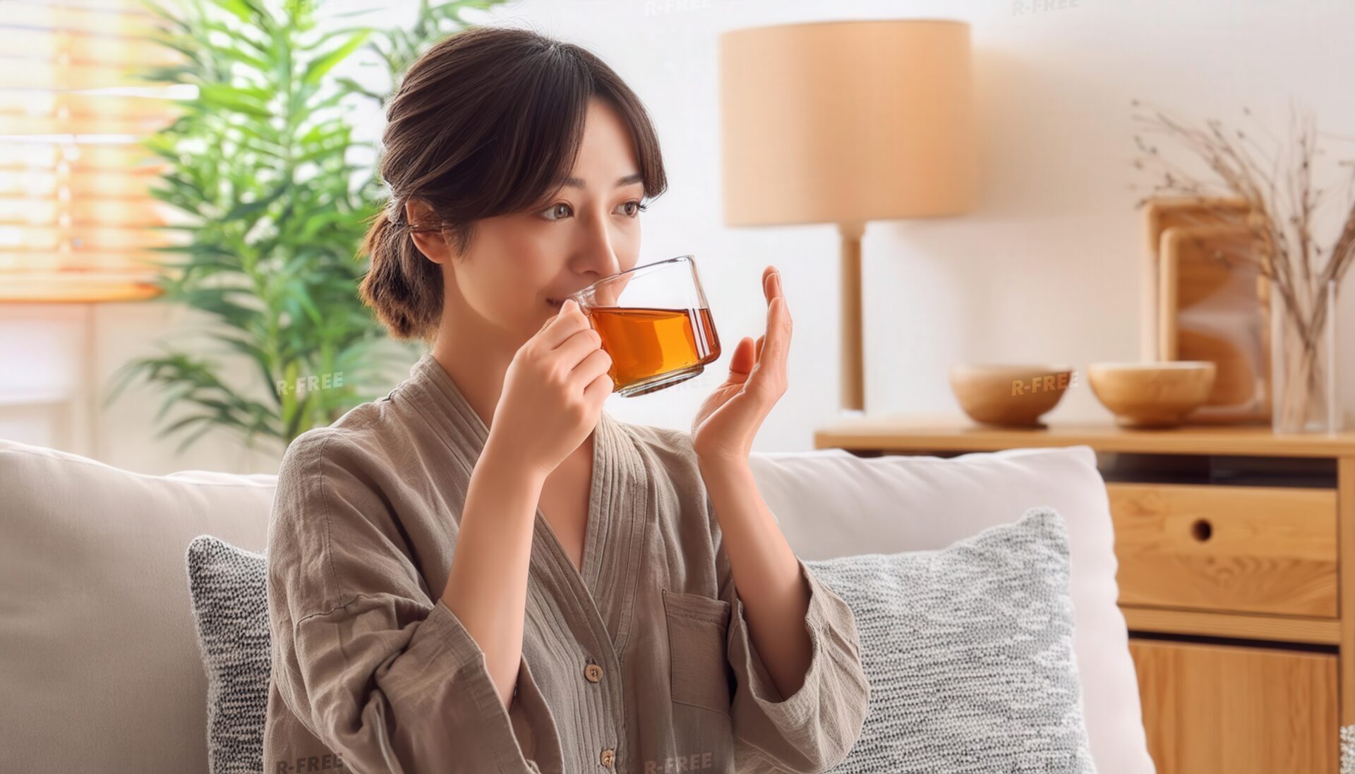 ナチュラルなインテリアの室内で茶色い飲み物を飲む若い人