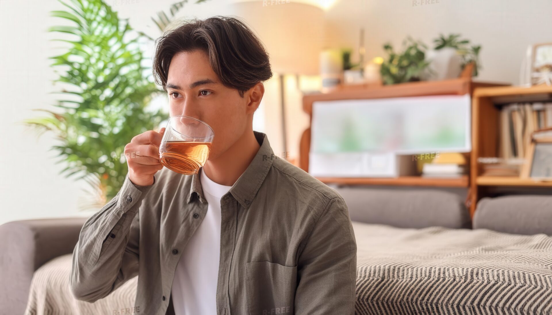 カーキ色のシャツで紅茶を飲む穏やかな表情の若い男性