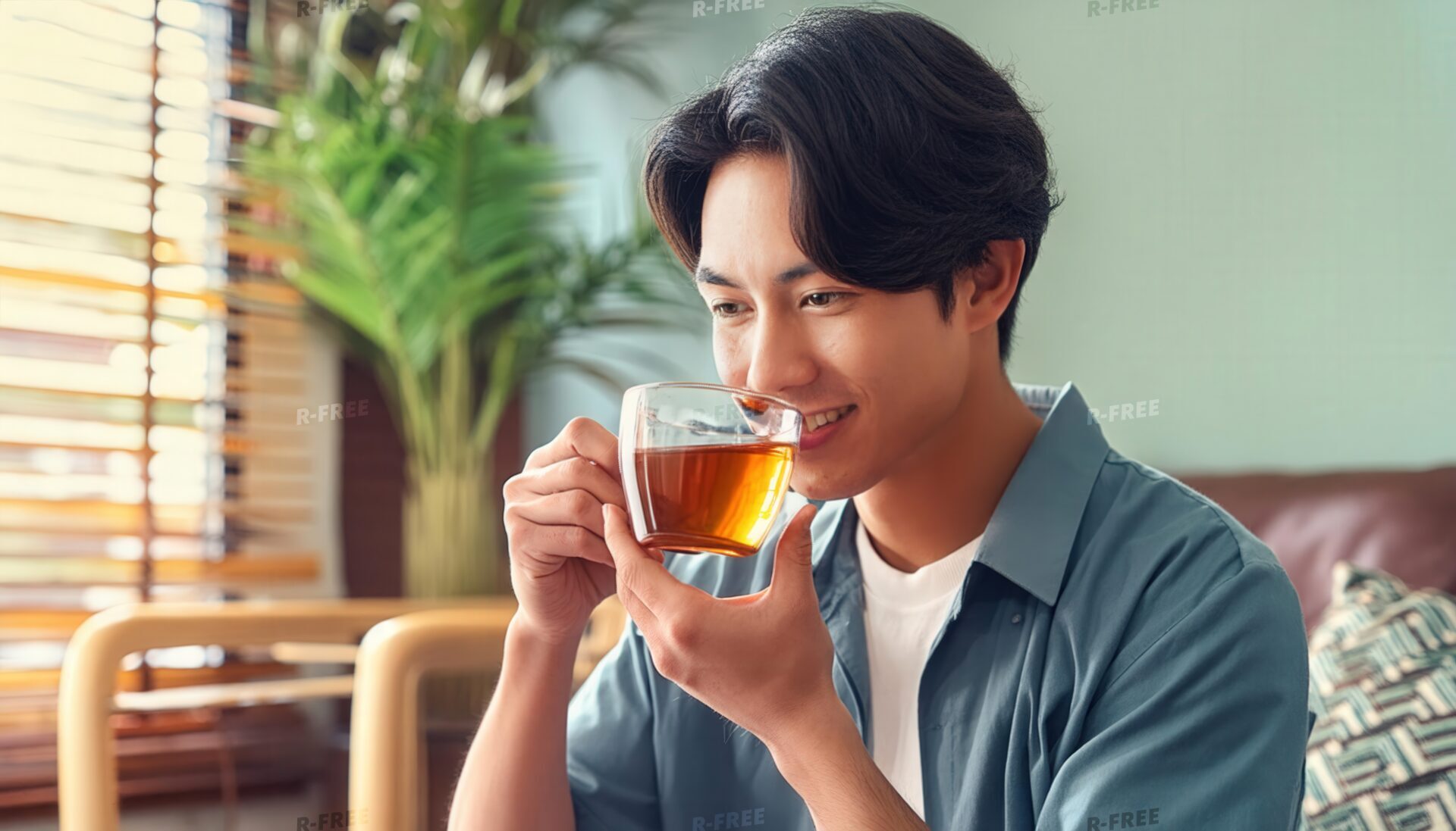 モダンな室内で茶色い飲み物を飲む若い人