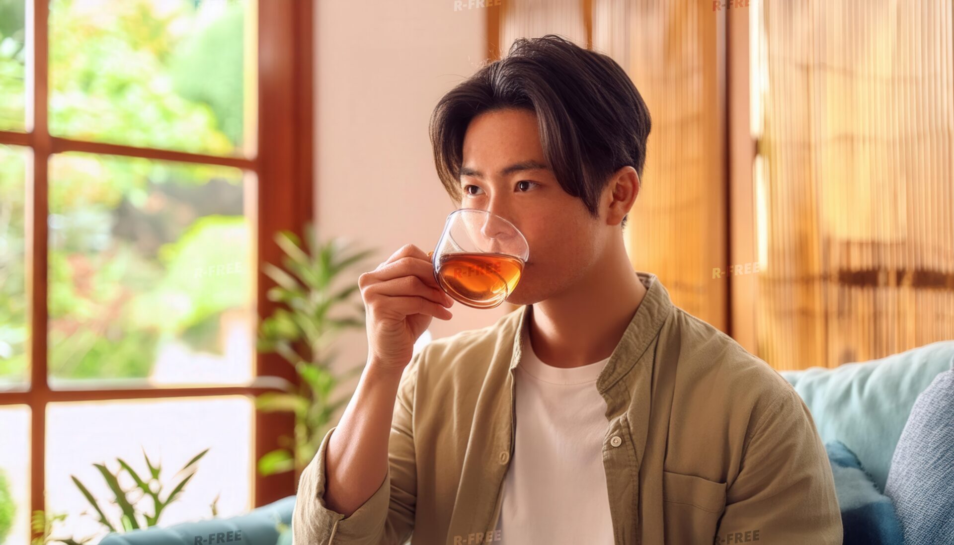 窓際で茶色い飲み物を飲む若い人