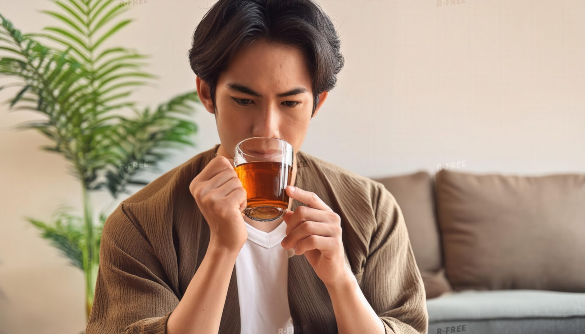 ガラスカップを両手で持ち紅茶を飲む若い男性