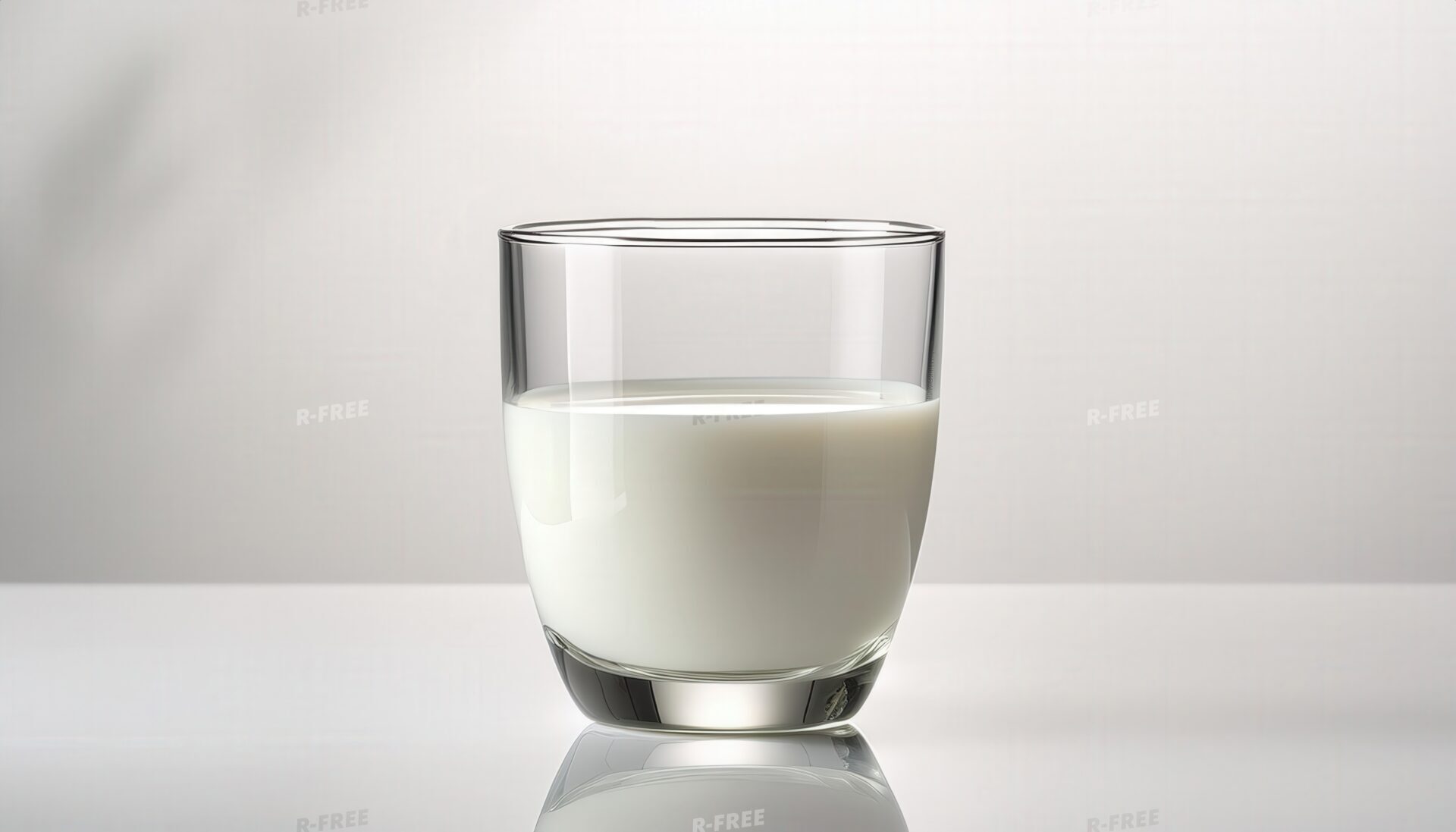 白背景の白いテーブルに映る牛乳入りグラス