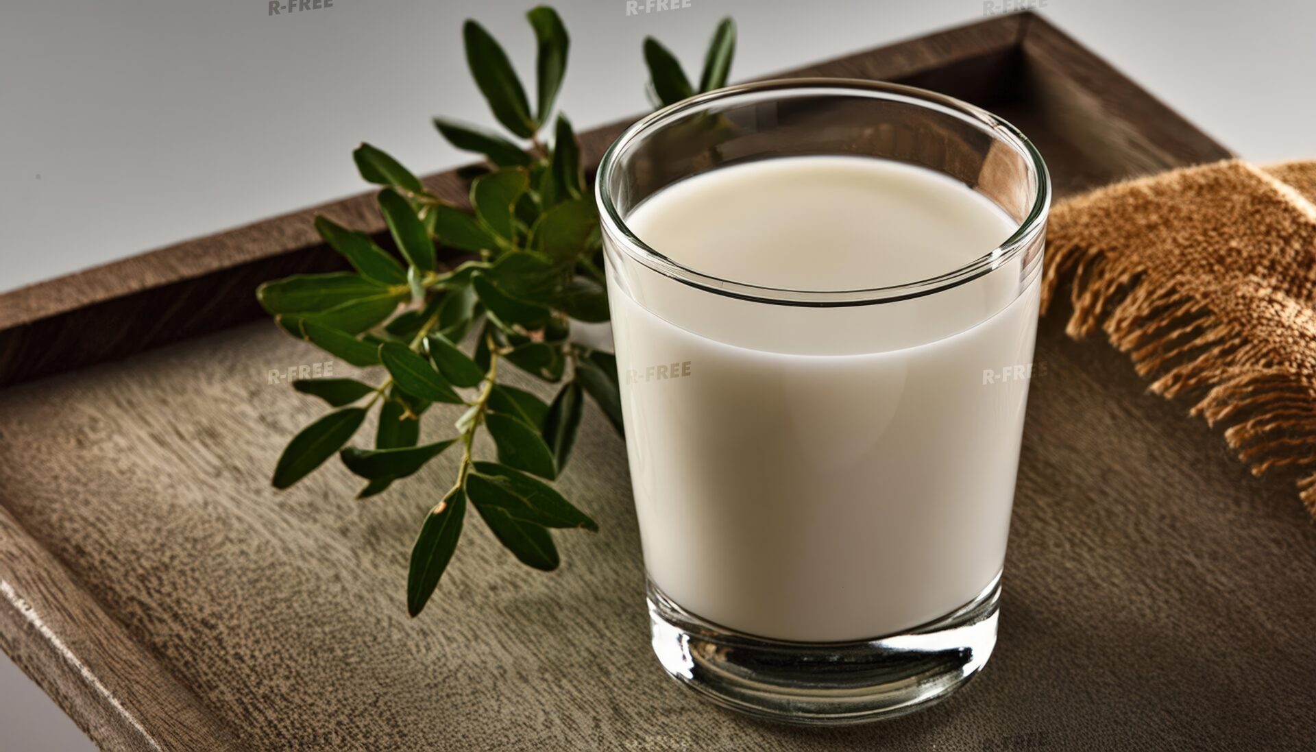 木製トレイに置かれた牛乳グラス
